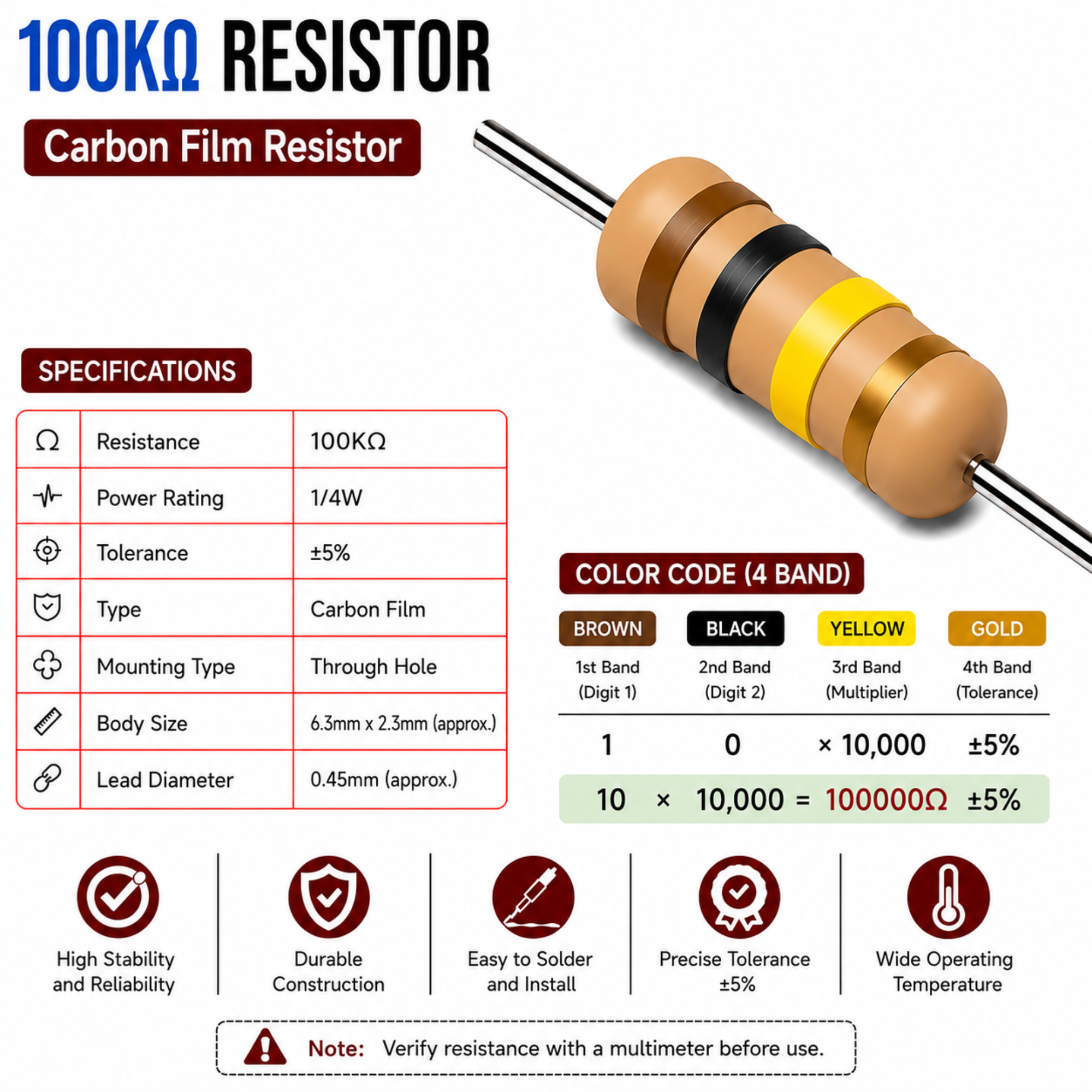 100K Ohm 1/4W Carbon Film Resistor (CFR), ±5% Tolerance (Pack of 10)