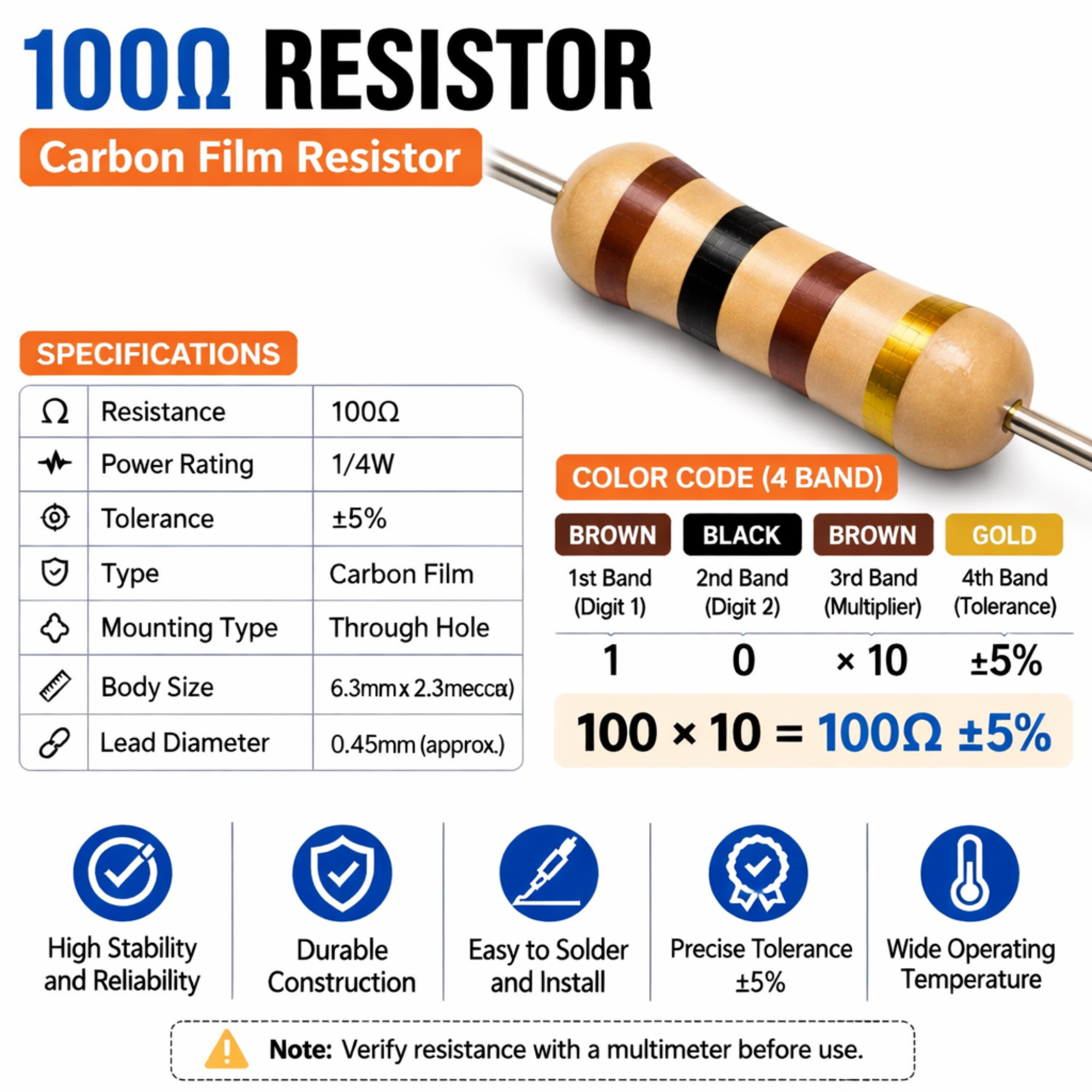 100 Ohm 1/4W Carbon Film Resistor (CFR), ±5% Tolerance (Pack of 10)