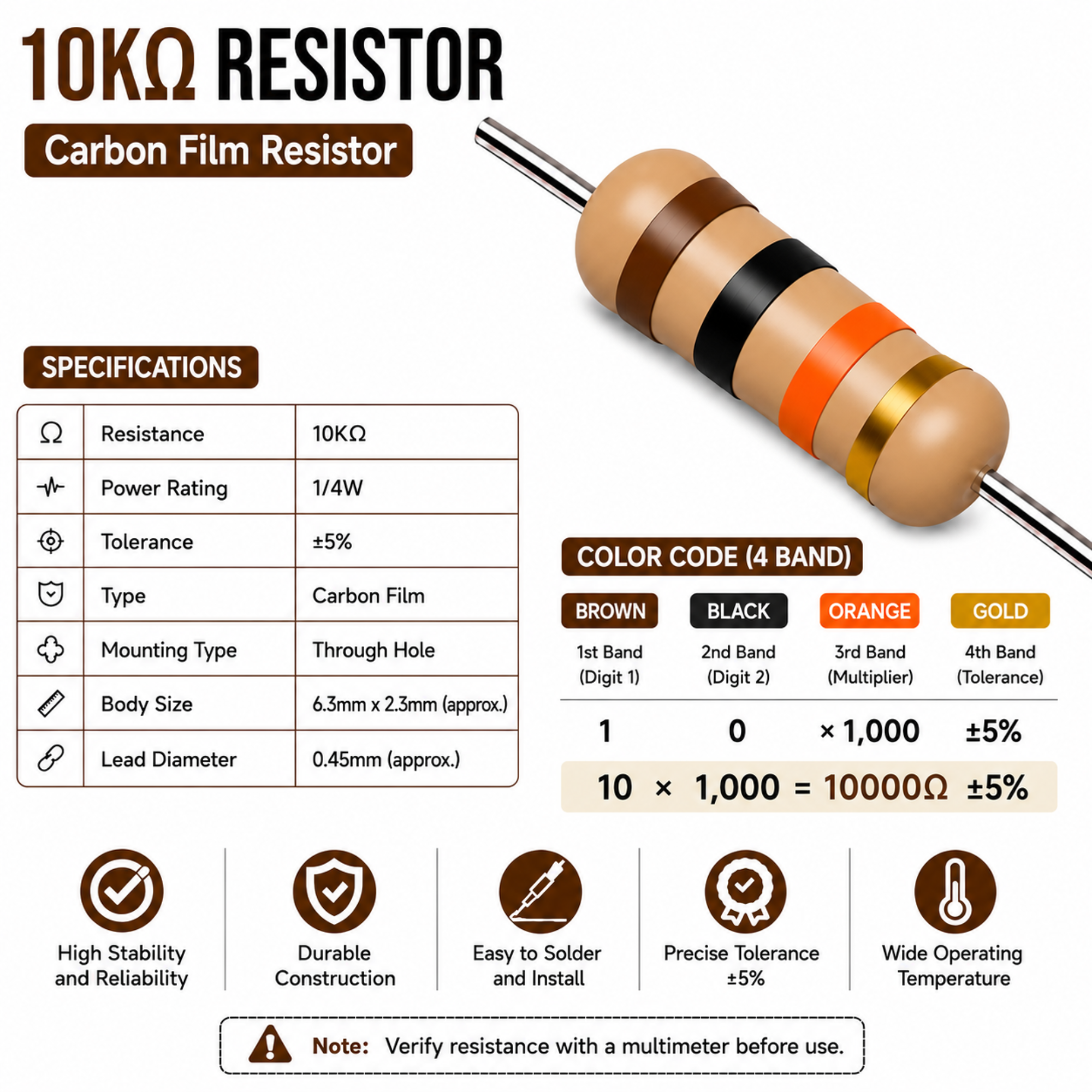 10K Ohm 1/4W Carbon Film Resistor (CFR), ±5% Tolerance (Pack of 10)