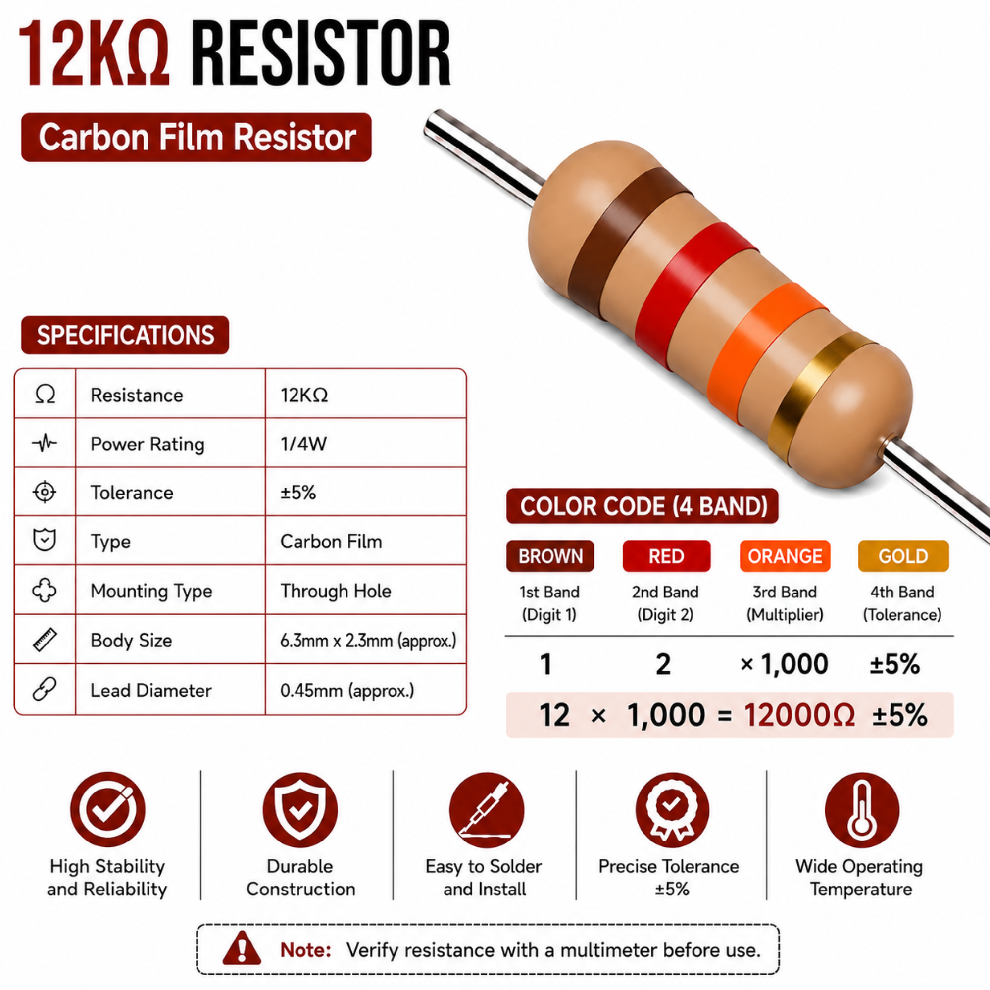 12K Ohm 1/4W Carbon Film Resistor (CFR), ±5% Tolerance (Pack of 10)