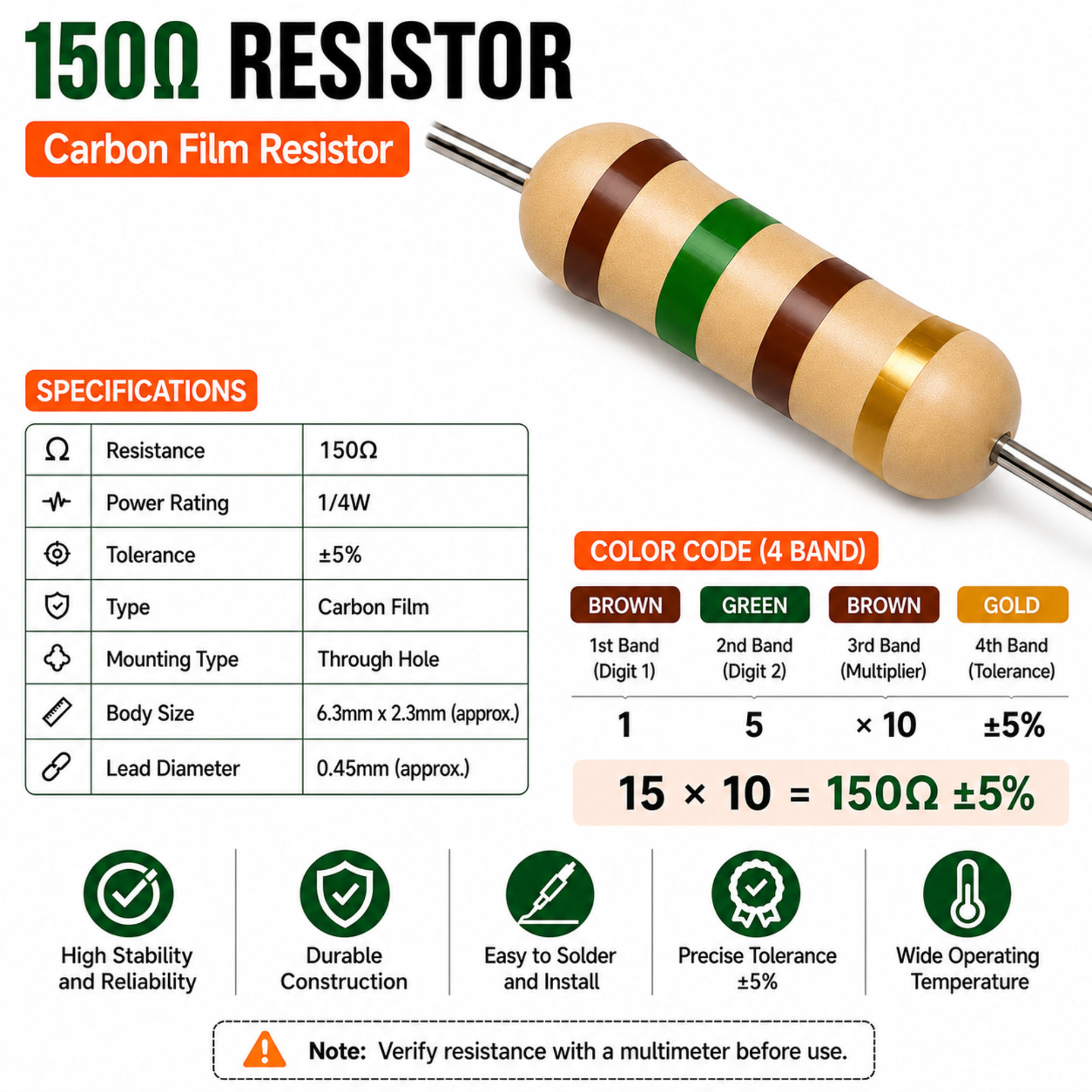 150 Ohm 1/4W Carbon Film Resistor (CFR), ±5% Tolerance (Pack of 10)