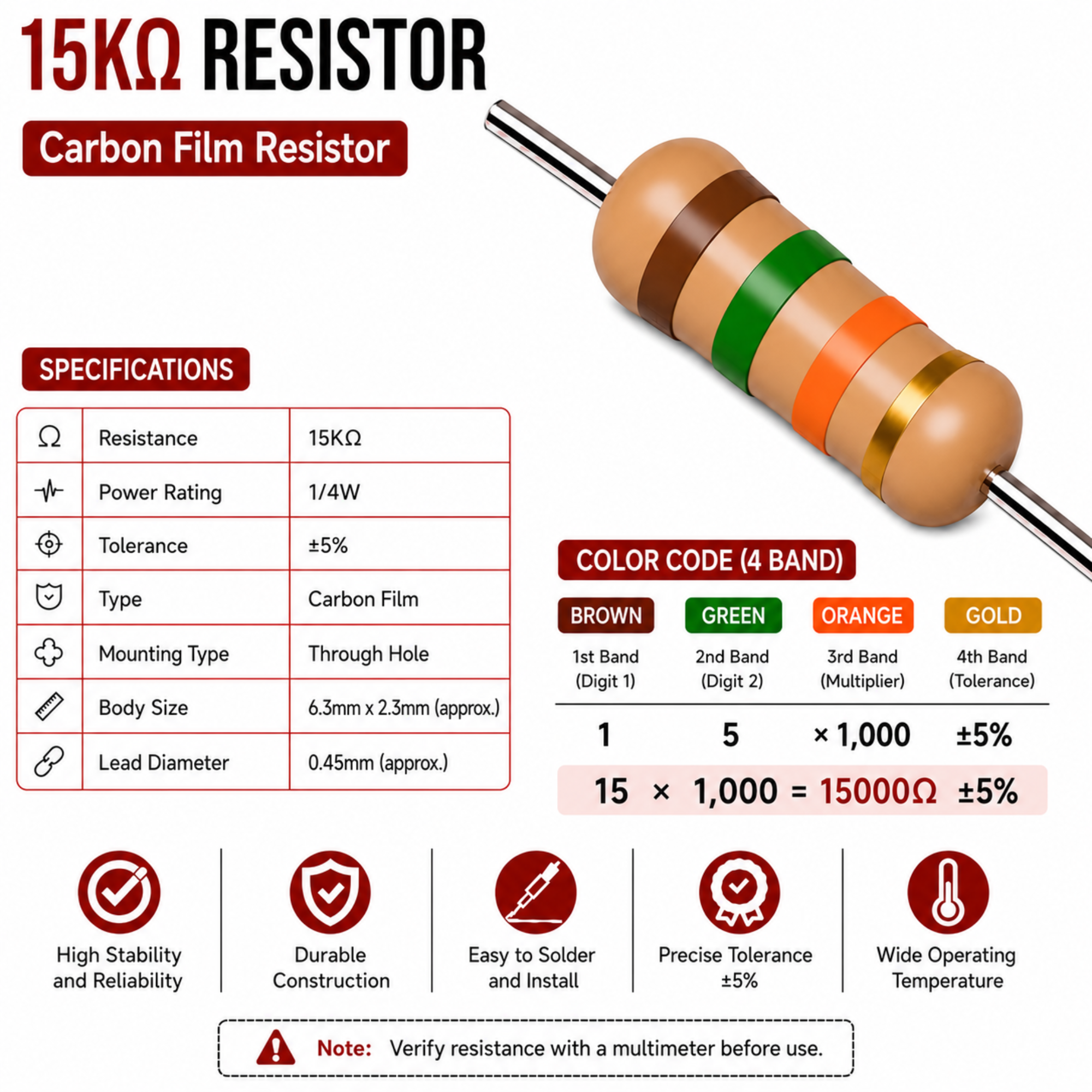 15K Ohm 1/4W Carbon Film Resistor (CFR), ±5% Tolerance (Pack of 10)