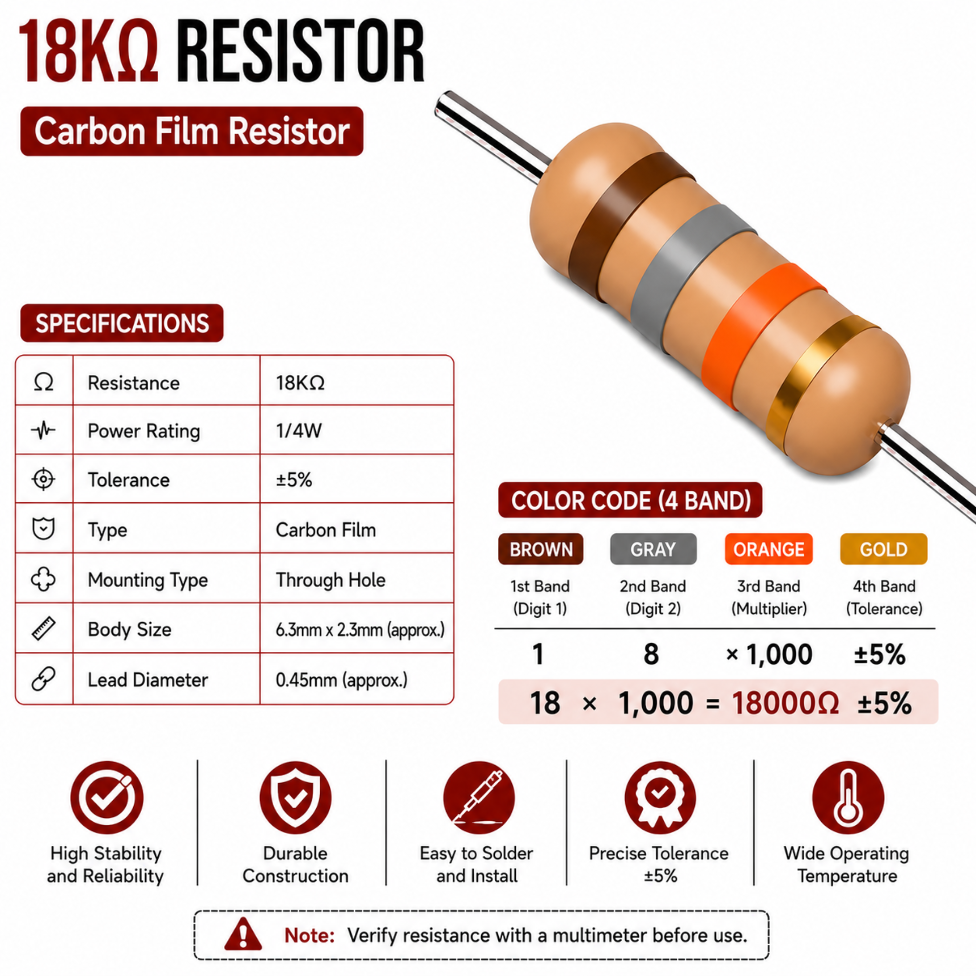 18K Ohm 1/4W Carbon Film Resistor (CFR), ±5% Tolerance (Pack of 10)