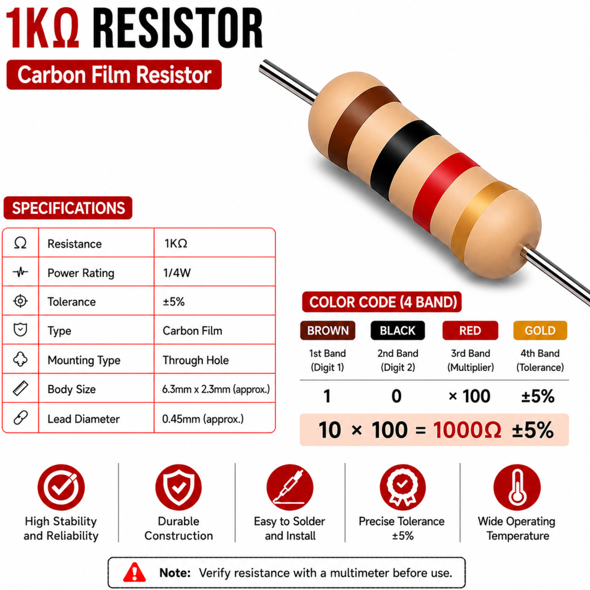 1K Ohm 1/4W Carbon Film Resistor (CFR), ±5% Tolerance (Pack of 10)