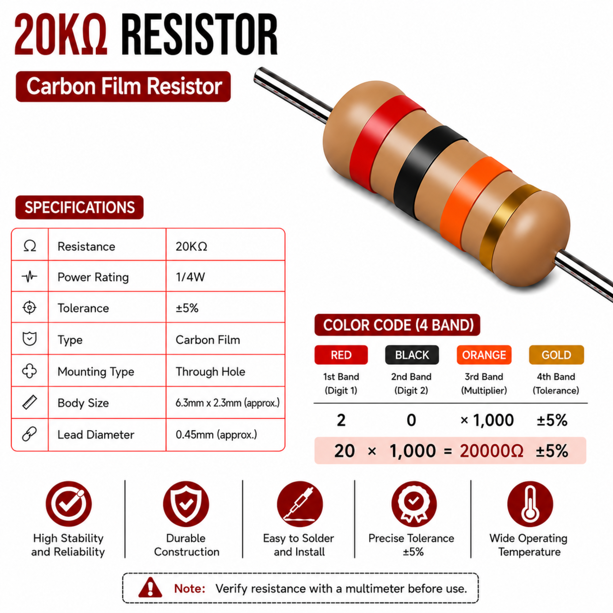20K Ohm 1/4W Carbon Film Resistor (CFR), ±5% Tolerance (Pack of 10)