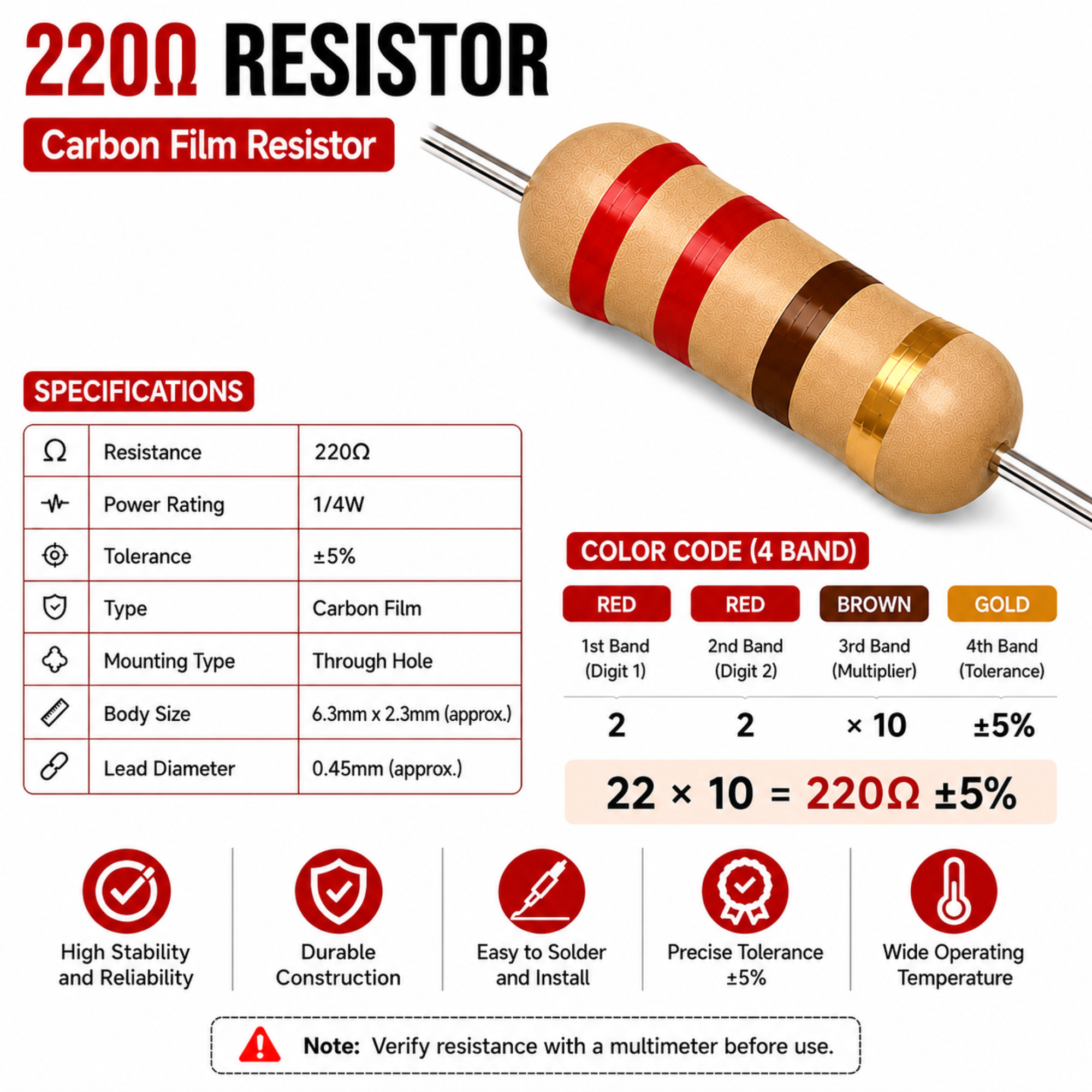 220 Ohm 1/4W Carbon Film Resistor (CFR), ±5% Tolerance (Pack of 10)