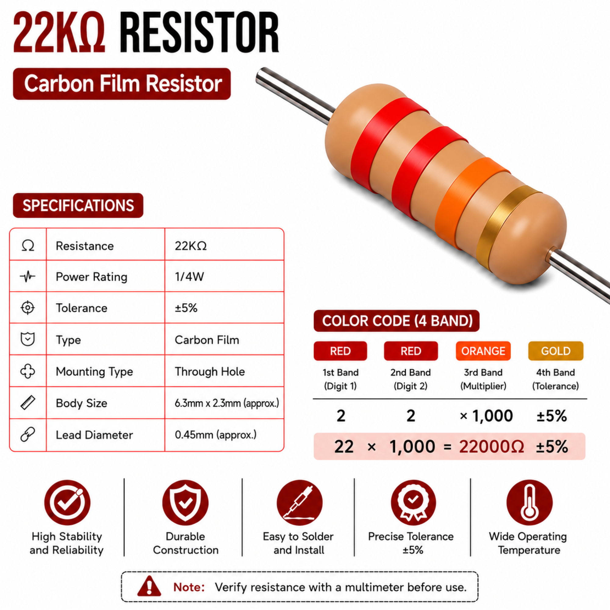 22K Ohm 1/4W Carbon Film Resistor (CFR), ±5% Tolerance (Pack of 10)