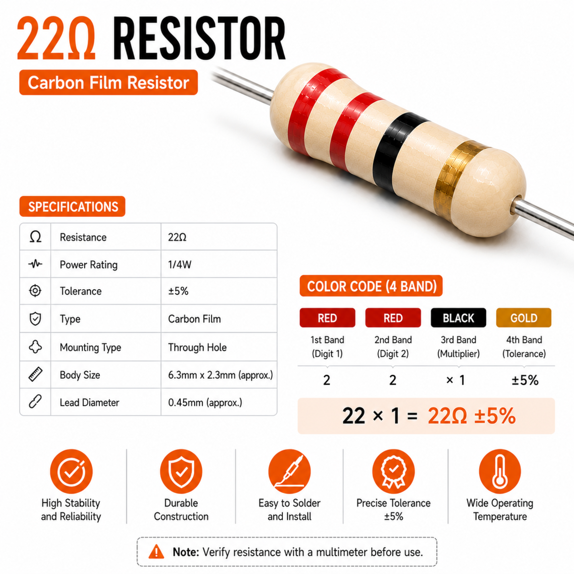 22 Ohm 1/4W Carbon Film Resistor (CFR), ±5% Tolerance (Pack of 10)