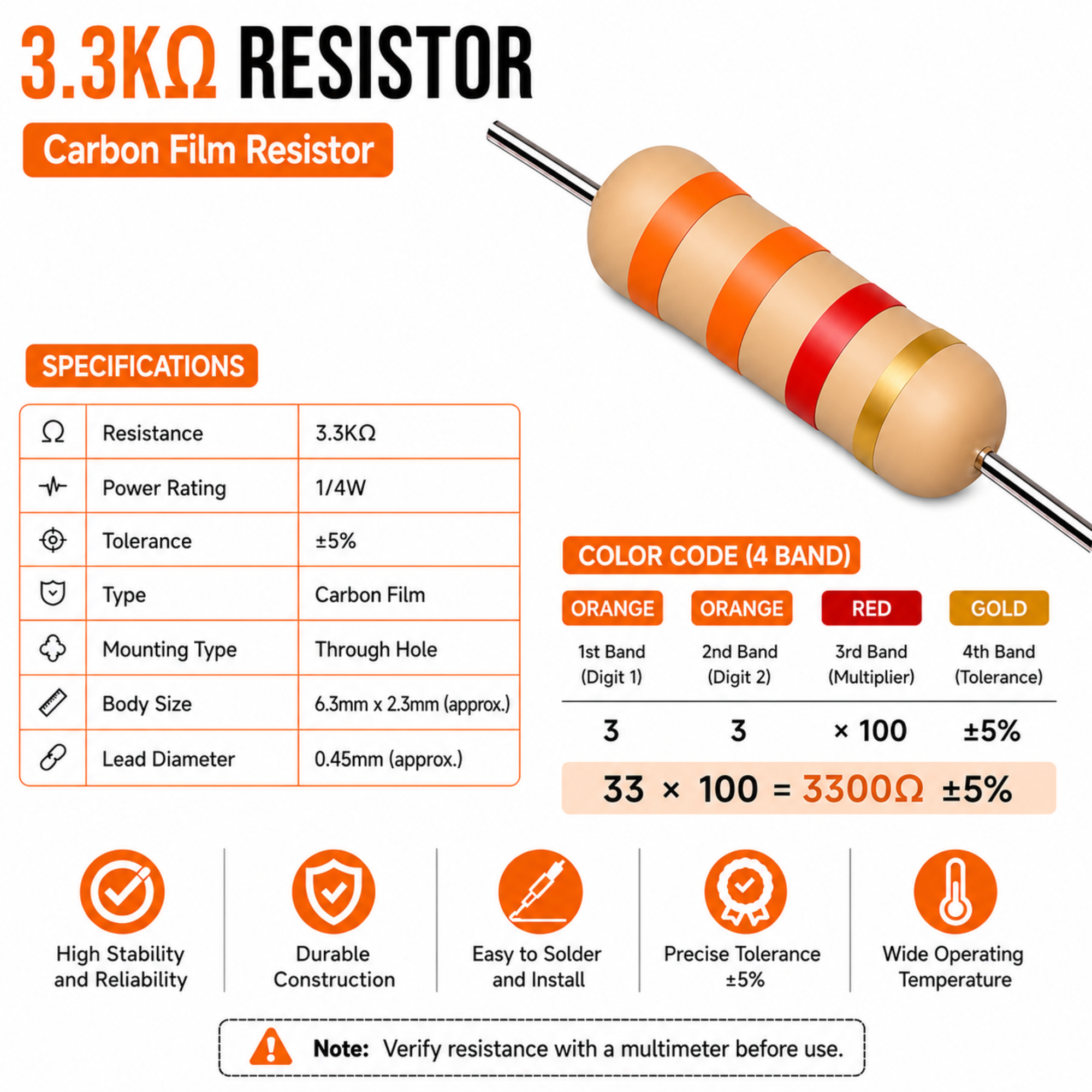 3.3K Ohm 1/4W Carbon Film Resistor (CFR), ±5% Tolerance (Pack of 10)