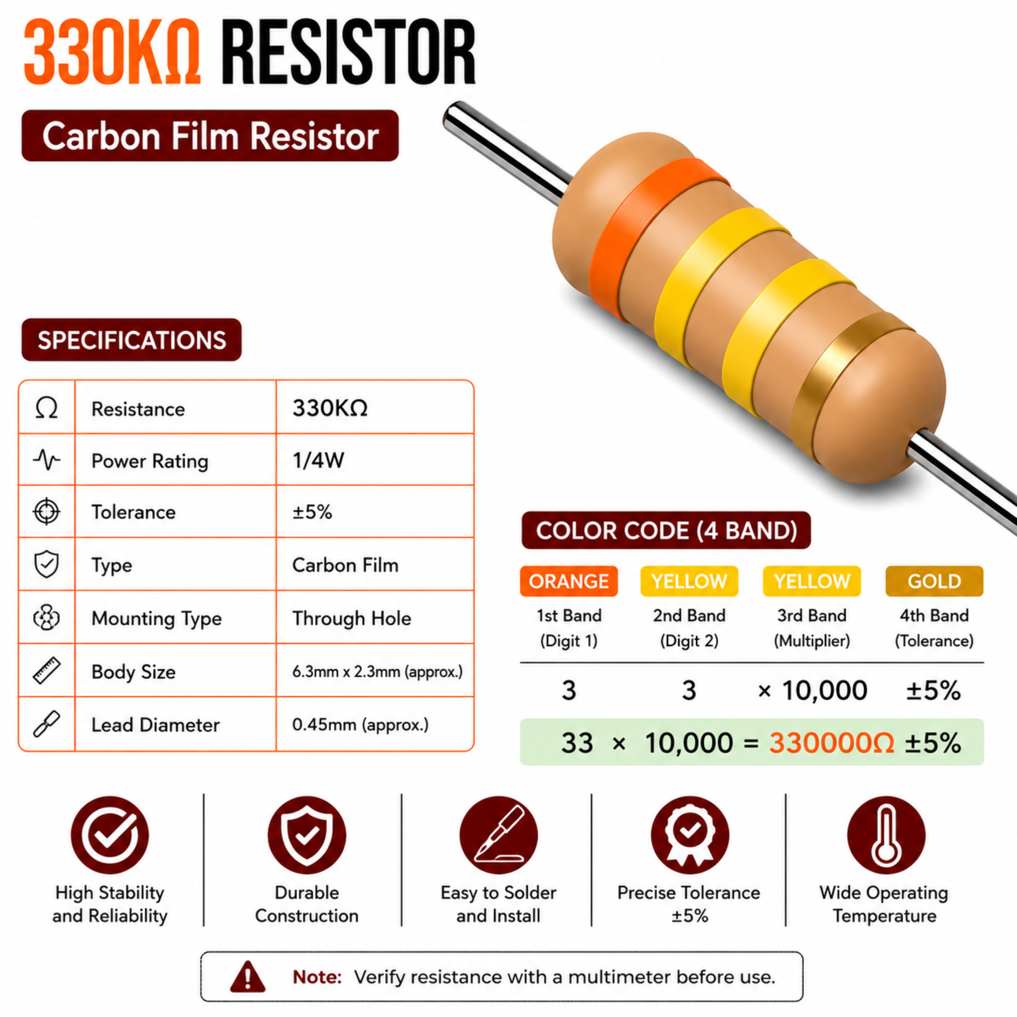 330K Ohm 1/4W Carbon Film Resistor (CFR), ±5% Tolerance (Pack of 10)