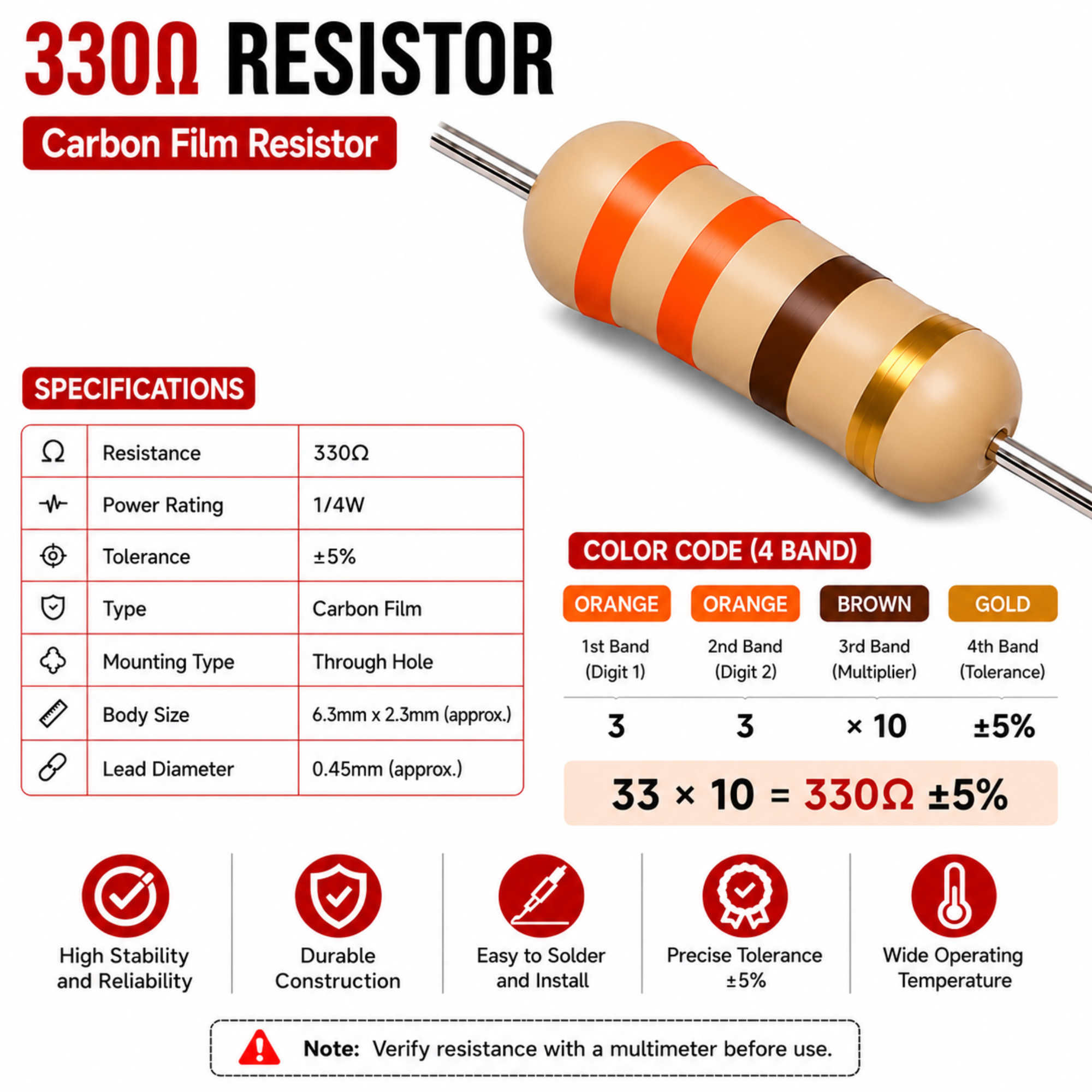 330 Ohm 1/4W Carbon Film Resistor (CFR), ±5% Tolerance (Pack of 10)