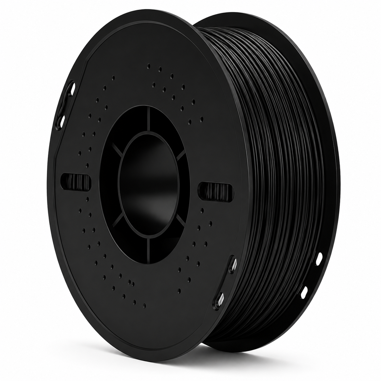 Spool of black filament on a white background
