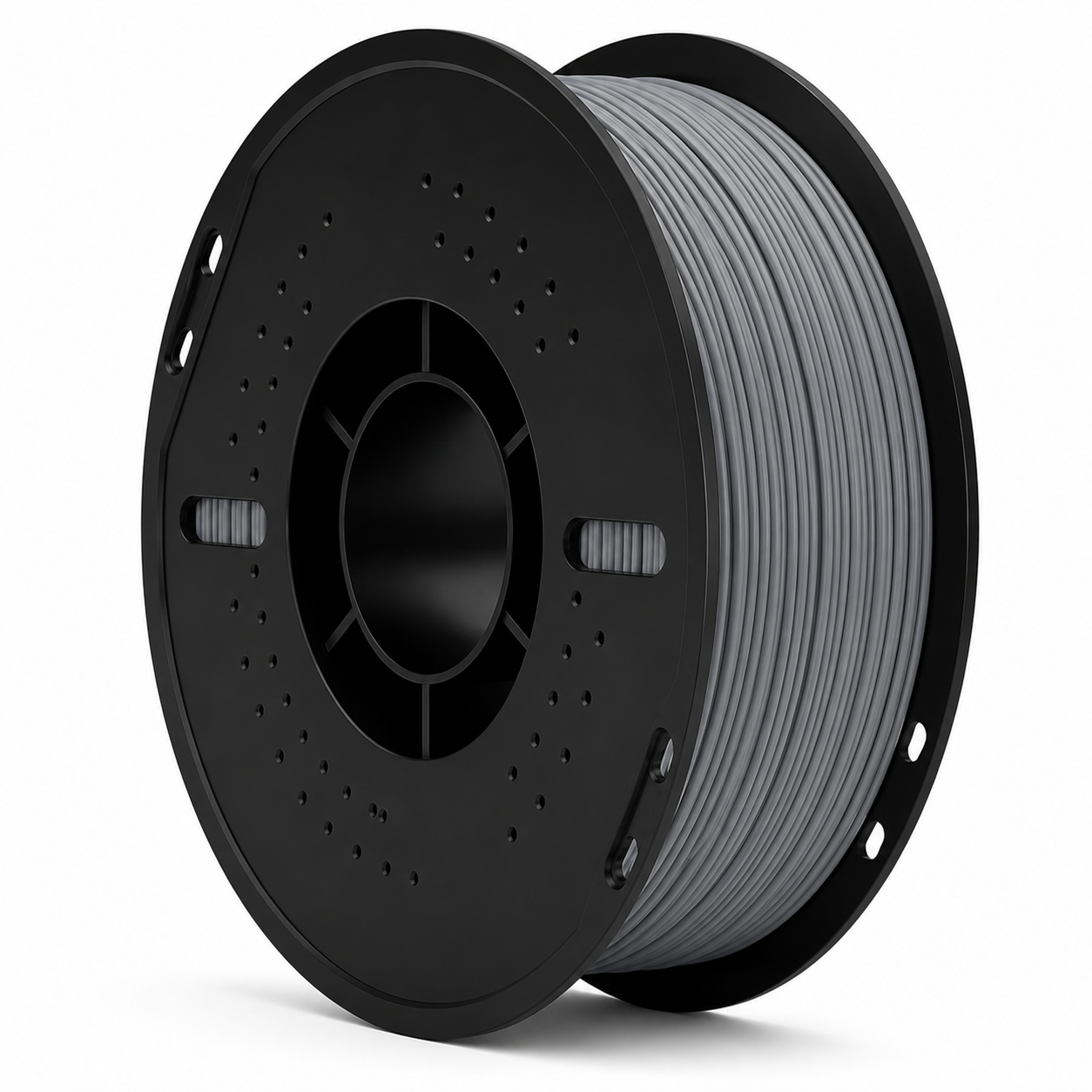 Spool of gray filament on a black spool with a white background