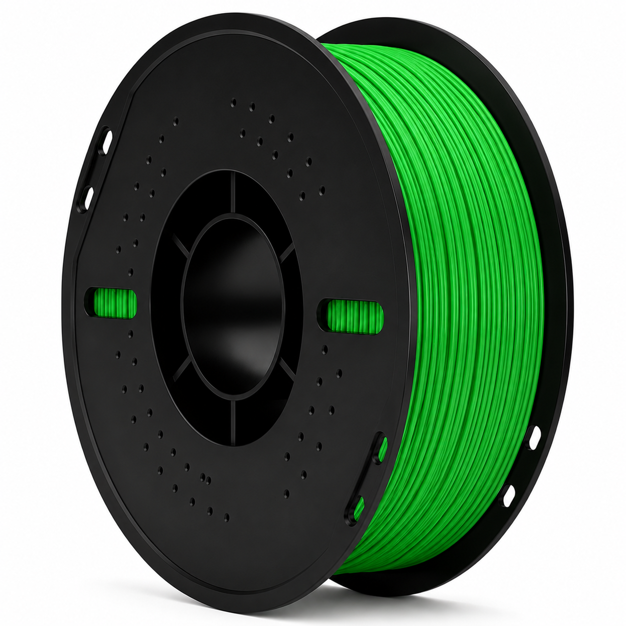 Spool of green filament on a black spool