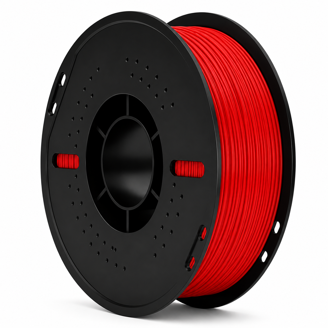 Spool of red 3D printing filament on a black spool