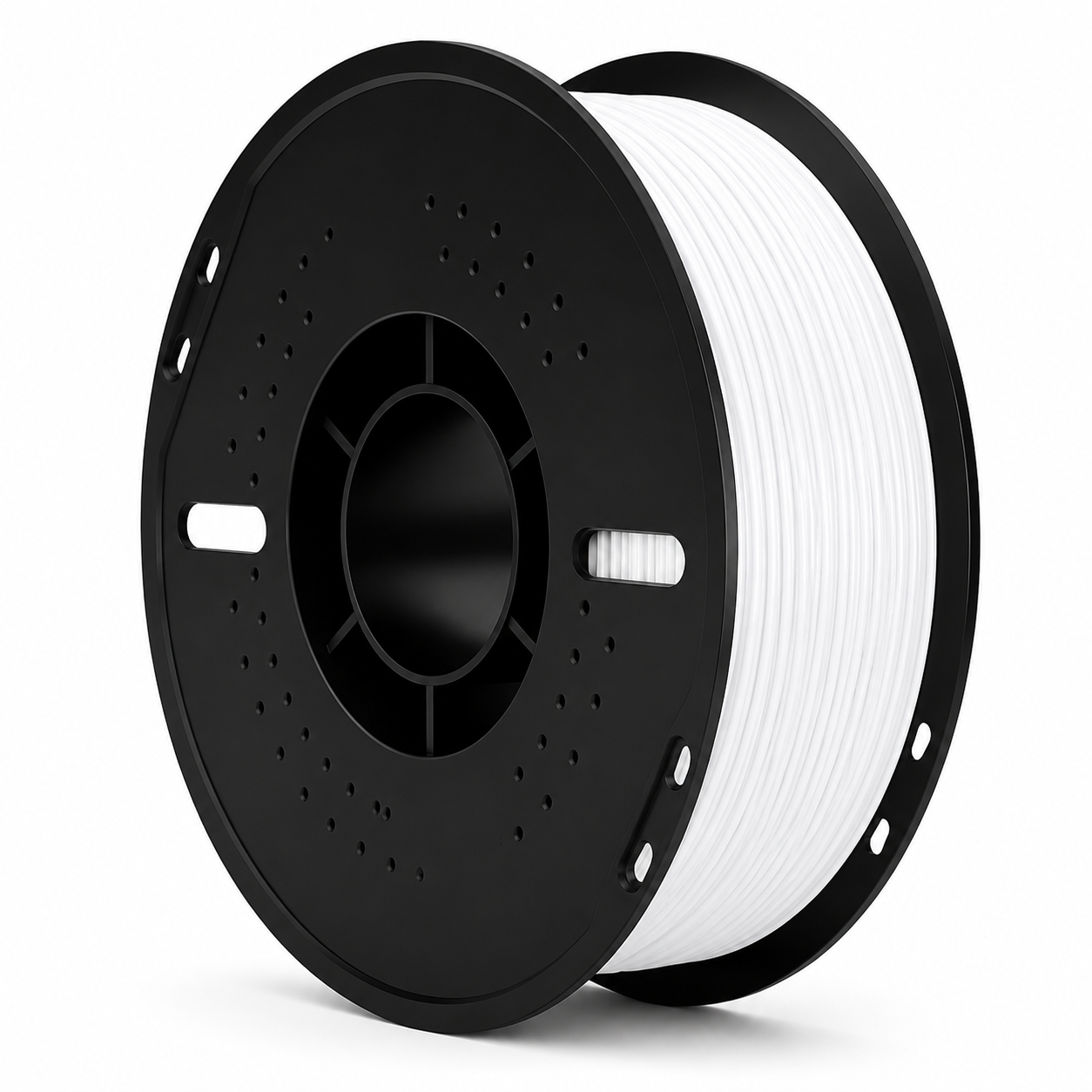 Spool of white filament on a black spool