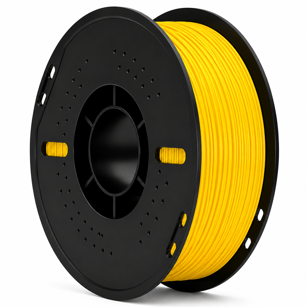 Spool of yellow filament on a black spool