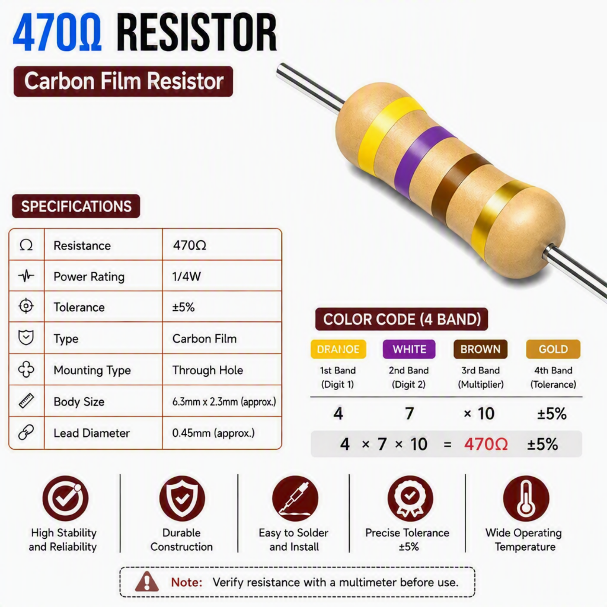 470 Ohm 1/4W Carbon Film Resistor (CFR), ±5% Tolerance