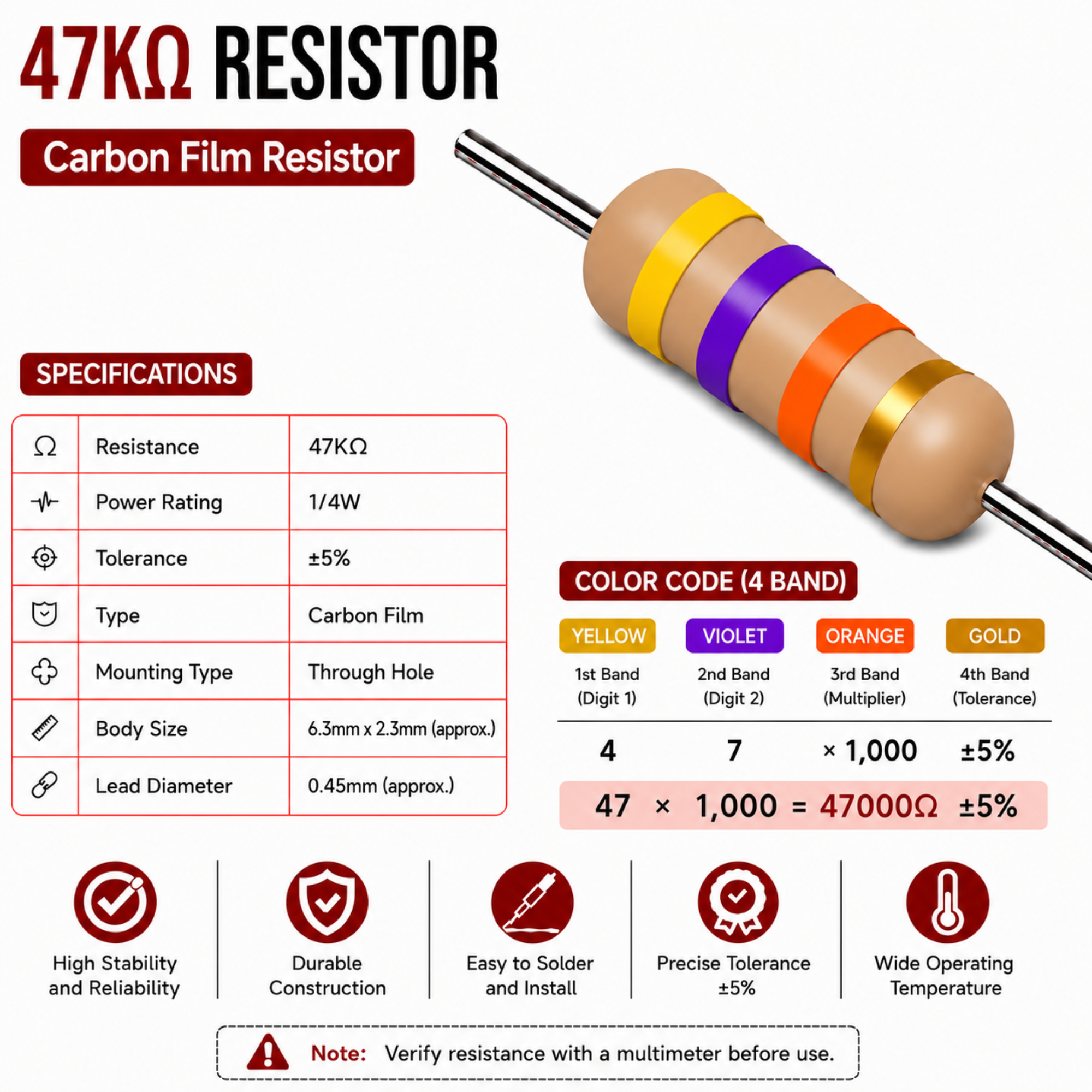 47K Ohm 1/4W Carbon Film Resistor (CFR), ±5% Tolerance (Pack of 10)