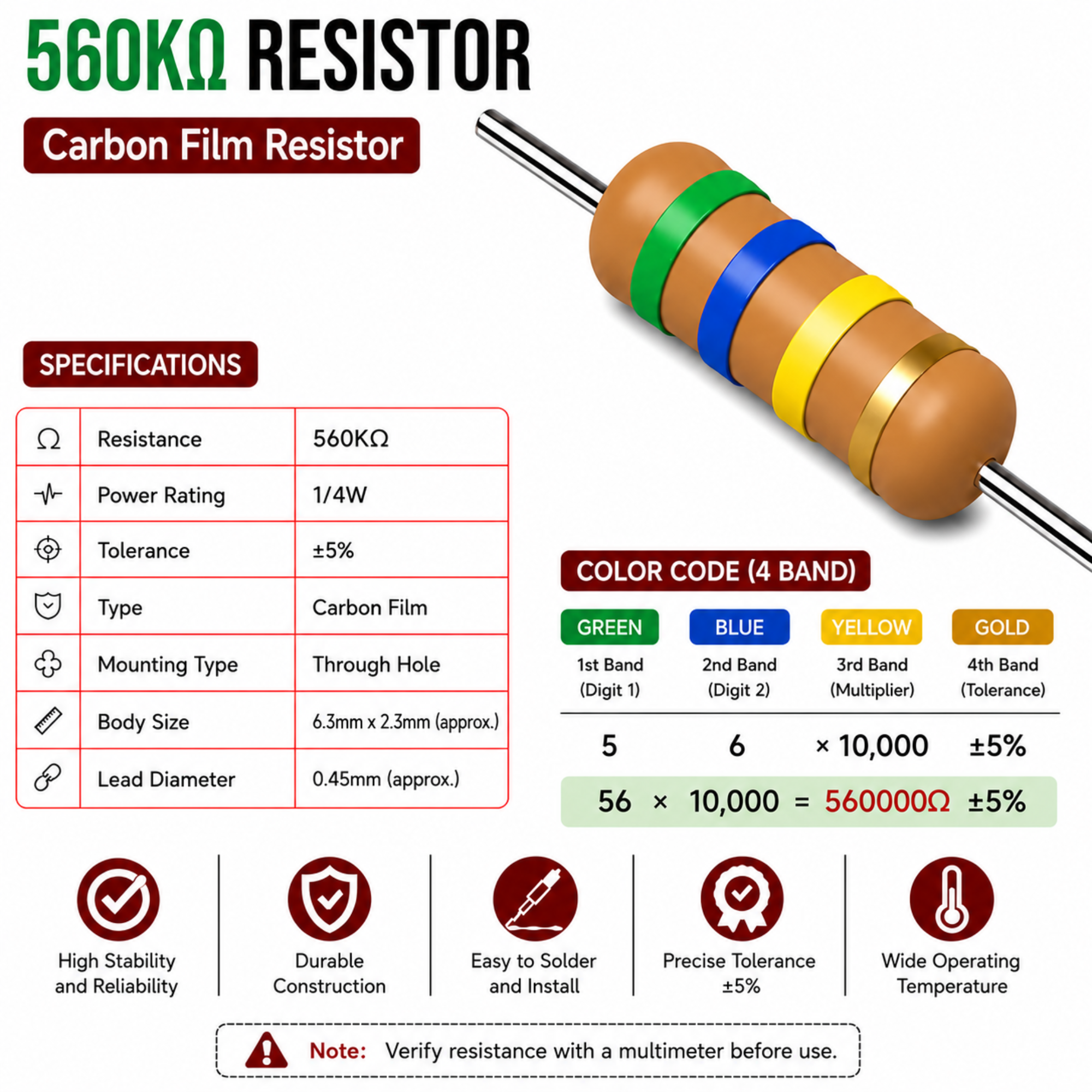 560K Ohm 1/4W Carbon Film Resistor (CFR), ±5% Tolerance (Pack of 10)