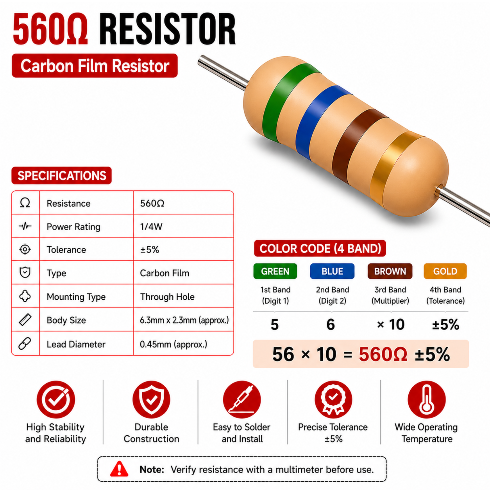 560 Ohm 1/4W Carbon Film Resistor (CFR), ±5% Tolerance