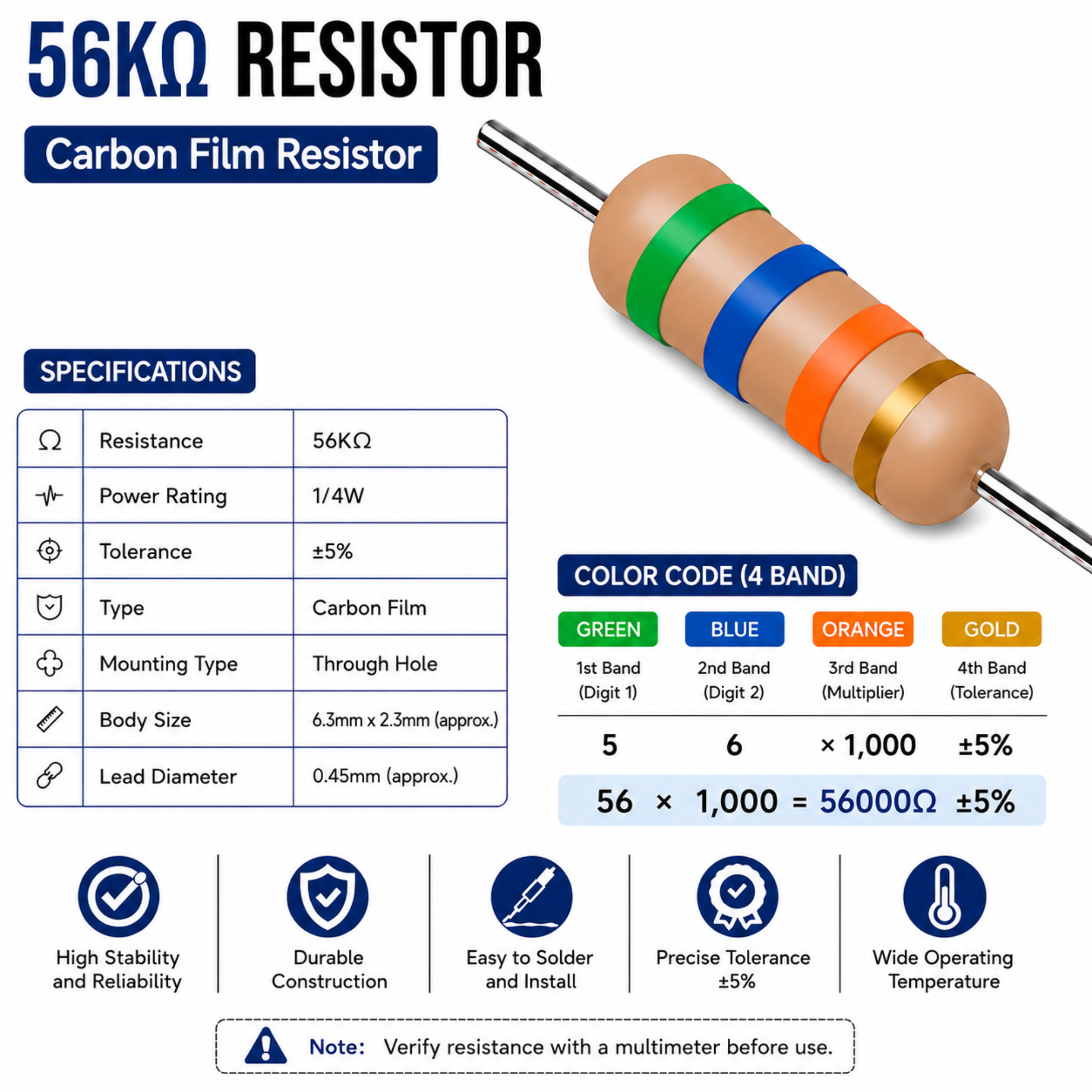 56K Ohm 1/4W Carbon Film Resistor (CFR), ±5% Tolerance (Pack of 10)