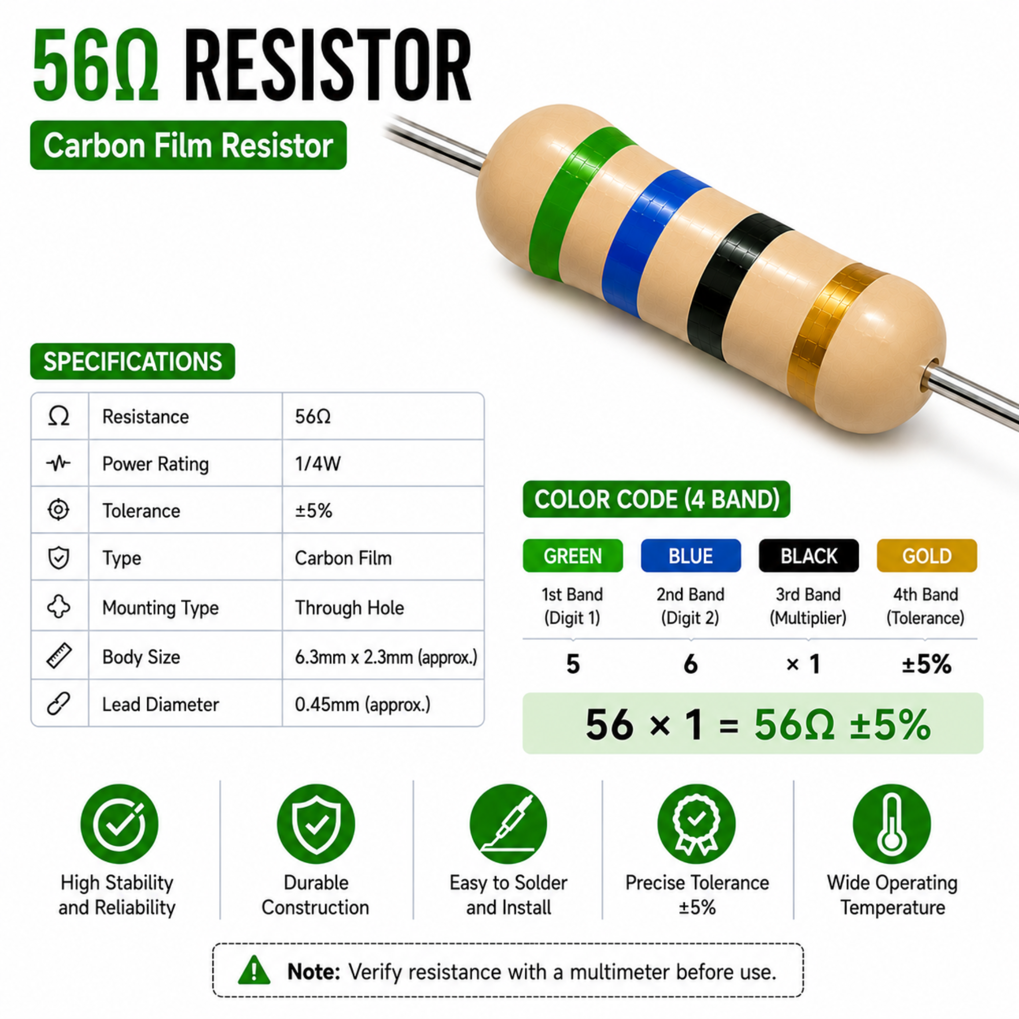 56 Ohm 1/4W Carbon Film Resistor (CFR), ±5% Tolerance (Pack of 10)