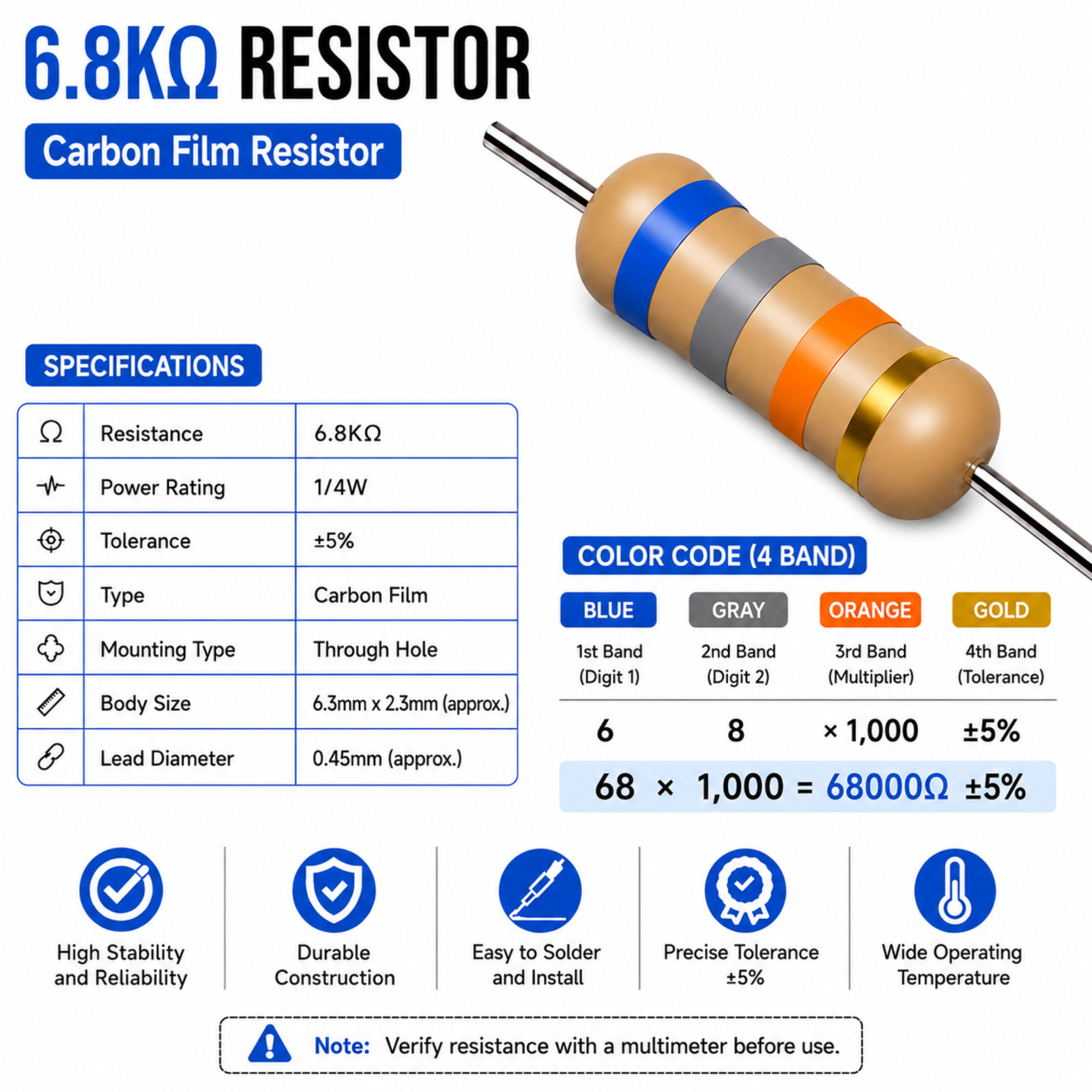 6.8K Ohm 1/4W Carbon Film Resistor (CFR), ±5% Tolerance (Pack of 10)