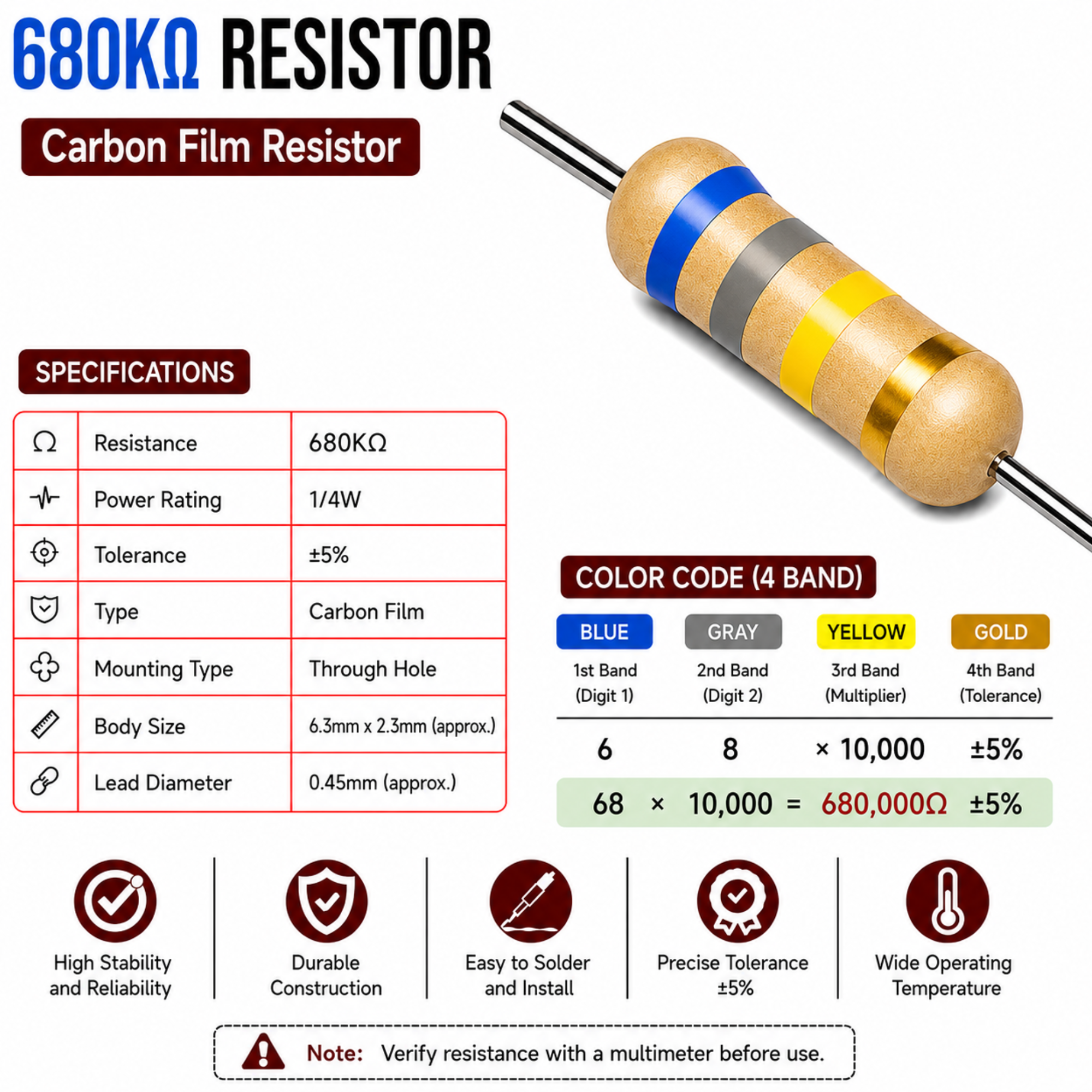 680K Ohm 1/4W Carbon Film Resistor (CFR), ±5% Tolerance (Pack of 10)