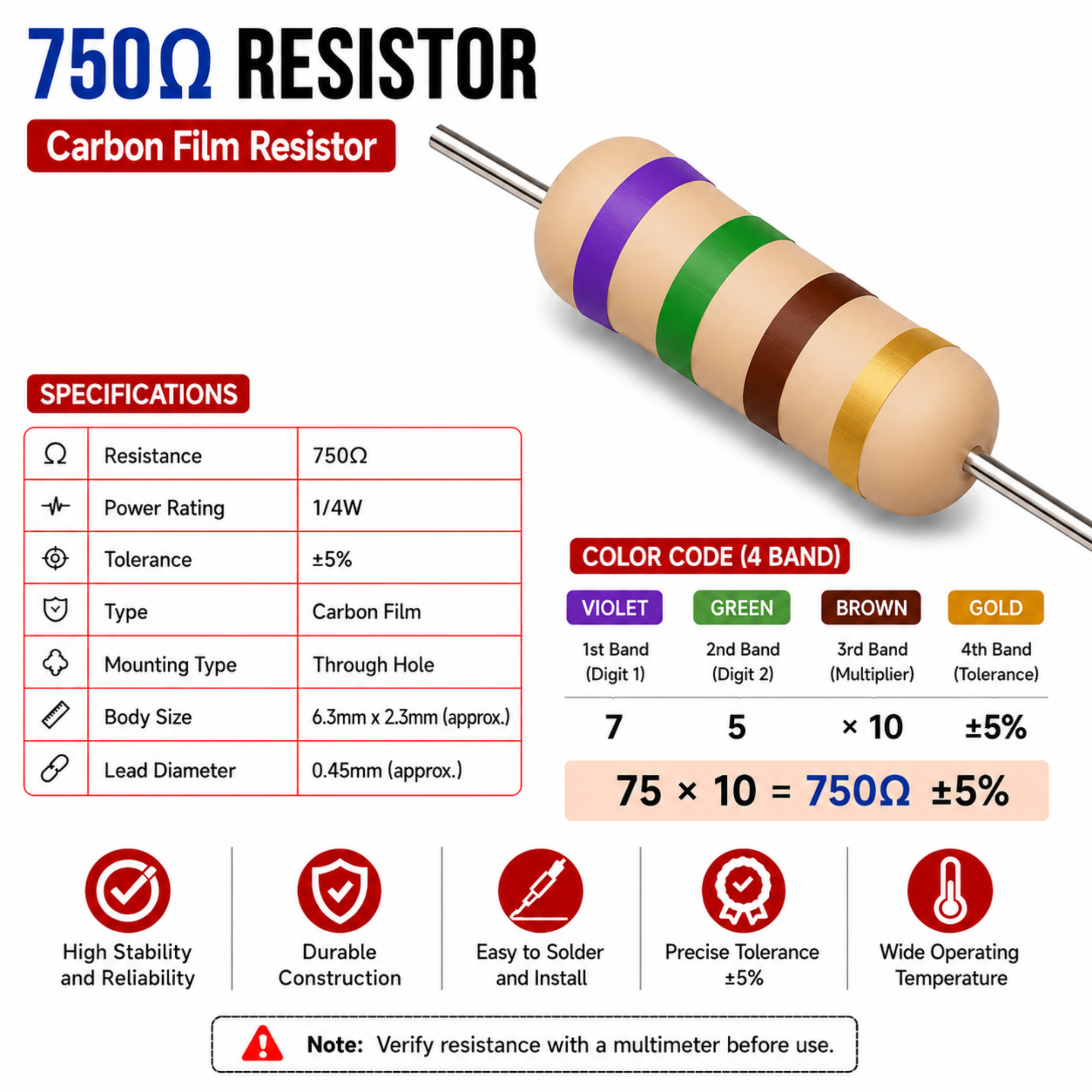 750 Ohm 1/4W Carbon Film Resistor (CFR), ±5% Tolerance (Pack of 10)