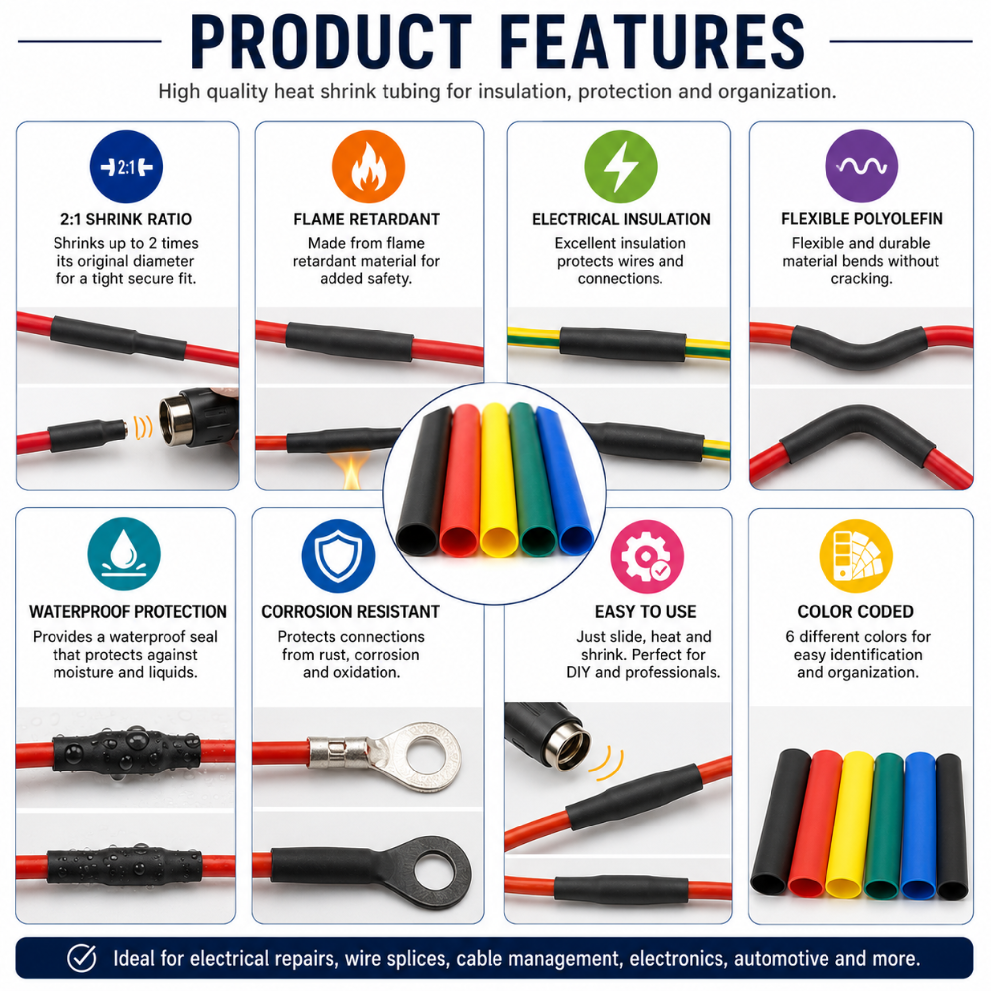 Heat Shrink Tube Wire Insulation Sleeve – Polyolefin Heat Shrink Tubing for Cable Protection - 560 Pieces, 12 Sizes, 6 Colors