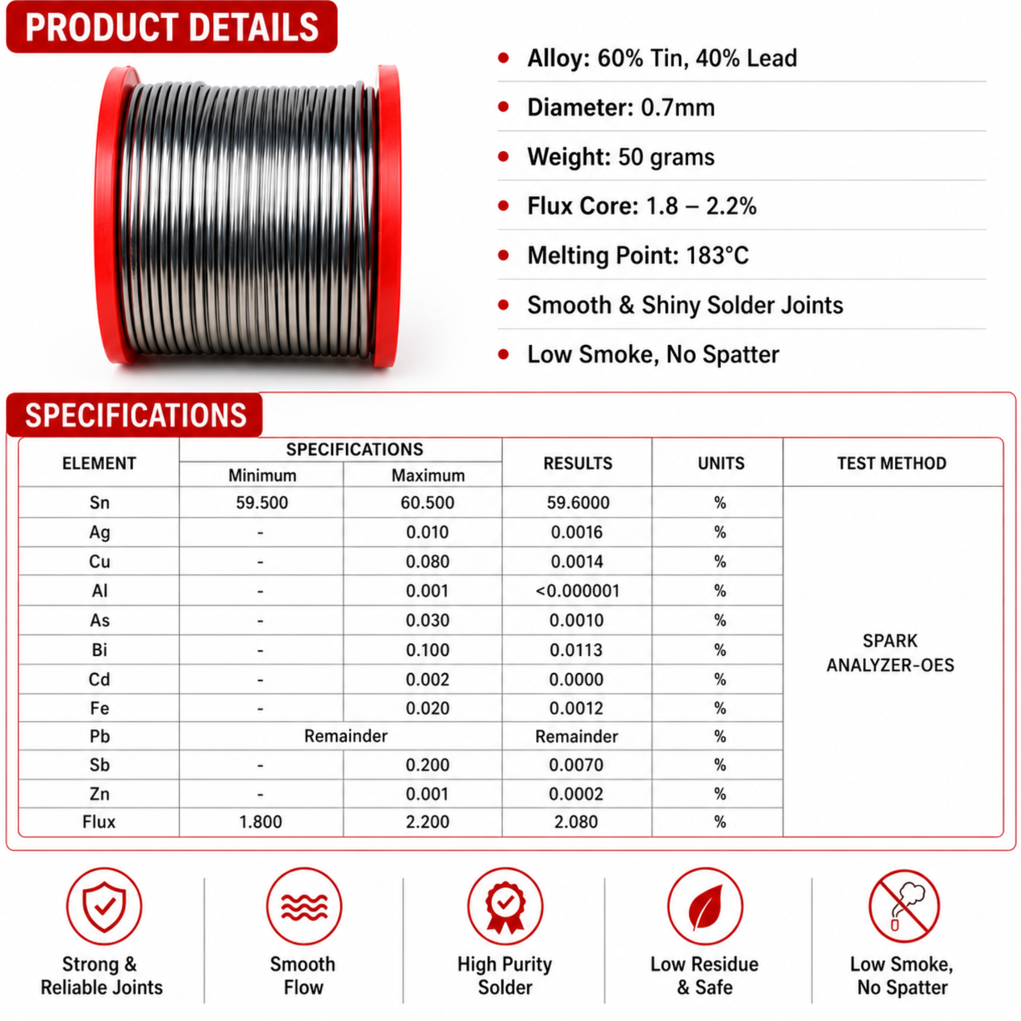 Sn60/Pb40 60/40 Rosin Core Solder Wire 0.7mm 50g