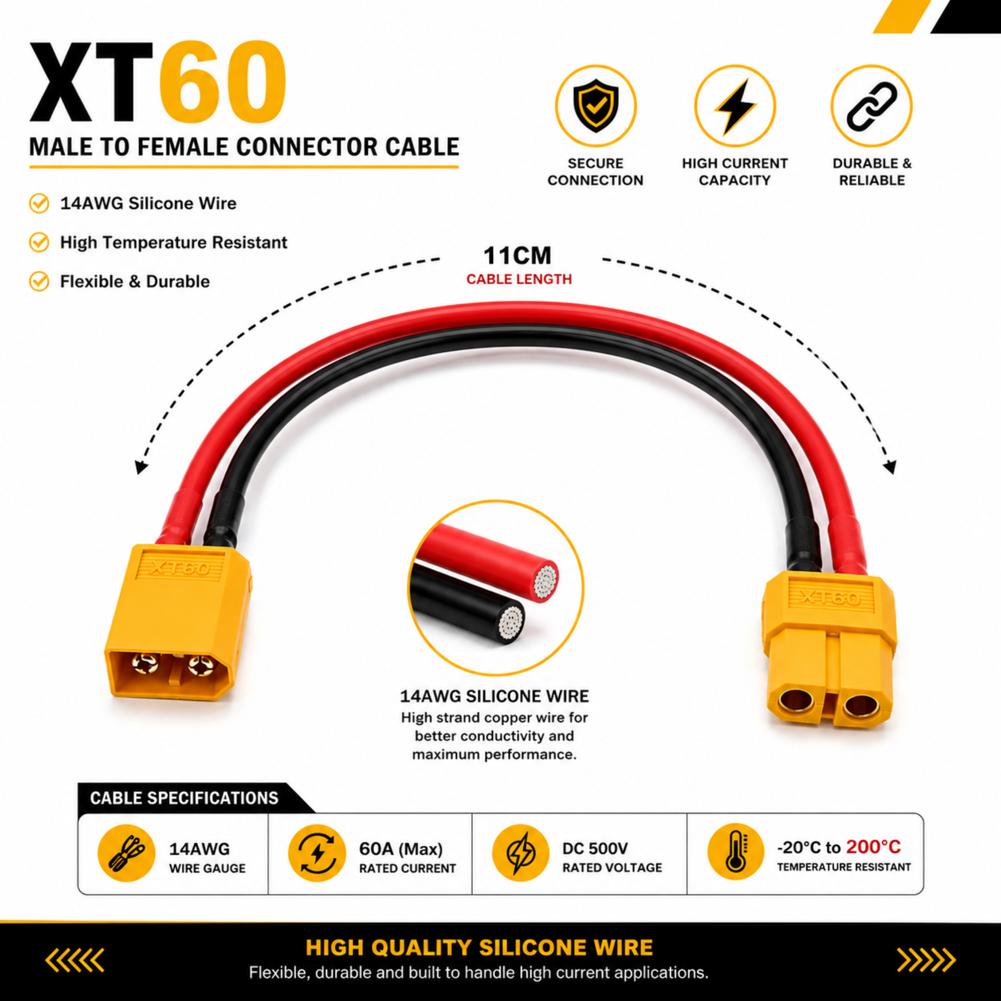 XT60 Male to Female Connector with 14AWG Silicone Wire Extension Cable