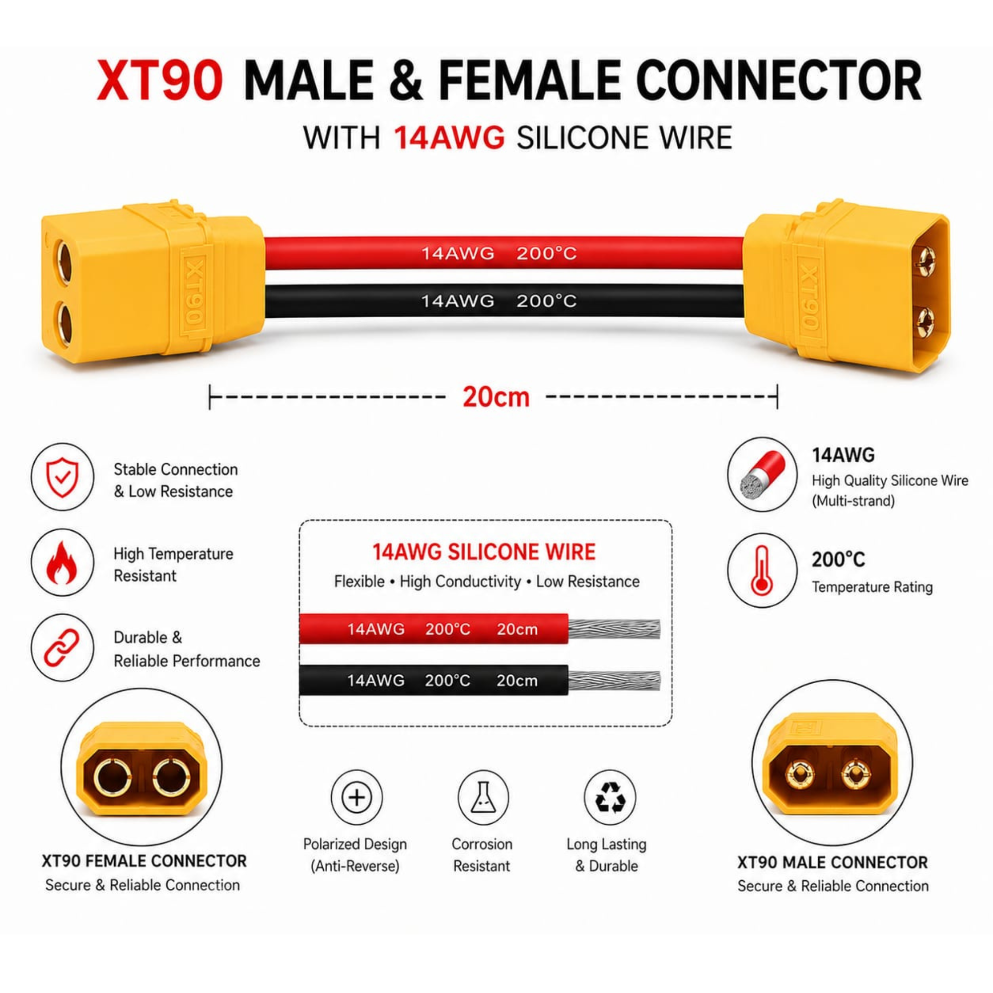 XT90 Male to Female Connector 14 AWG