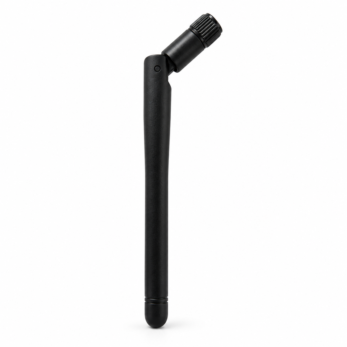 Small black 2.4GHz foldable male antenna, full product view on white background