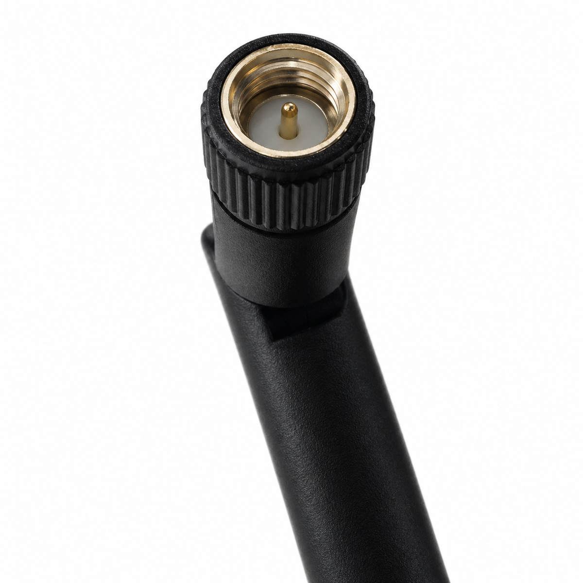 Small black 2.4GHz foldable male antenna, male connector close-up on white background