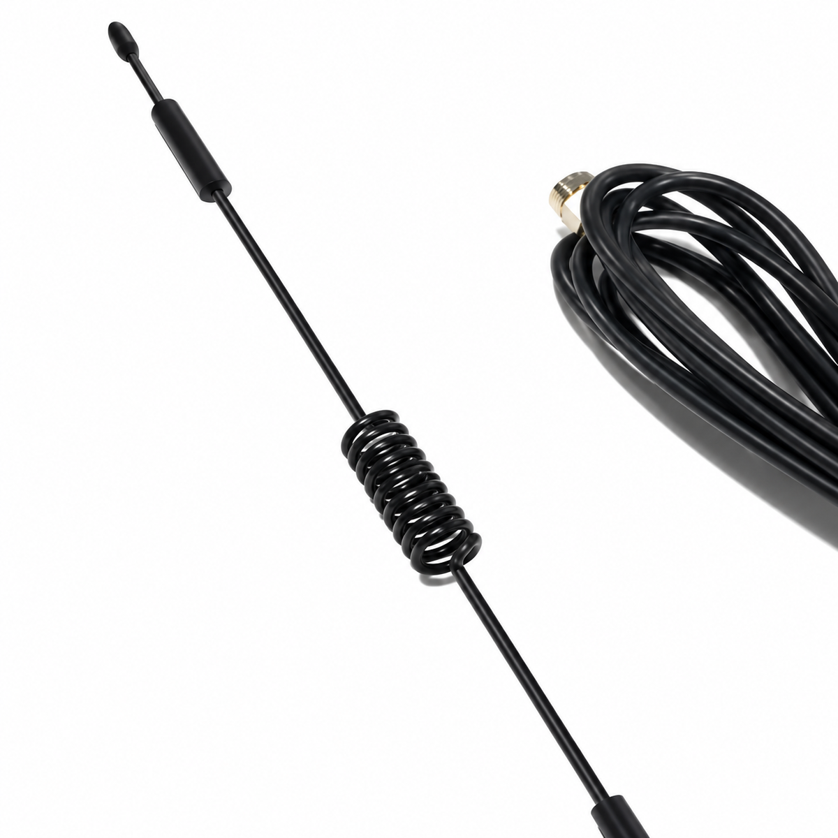 GSM 4G 30cm 5dBi antenna TS-CP-031 with 3m cable, whip and coil detail on white background
