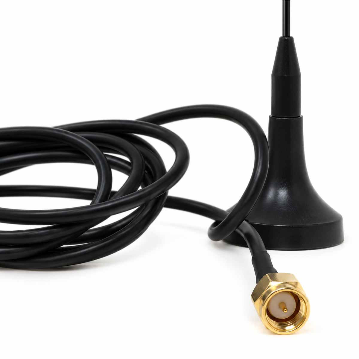 GSM 4G 30cm 5dBi antenna TS-CP-031 with 3m cable, base and connector detail on white background