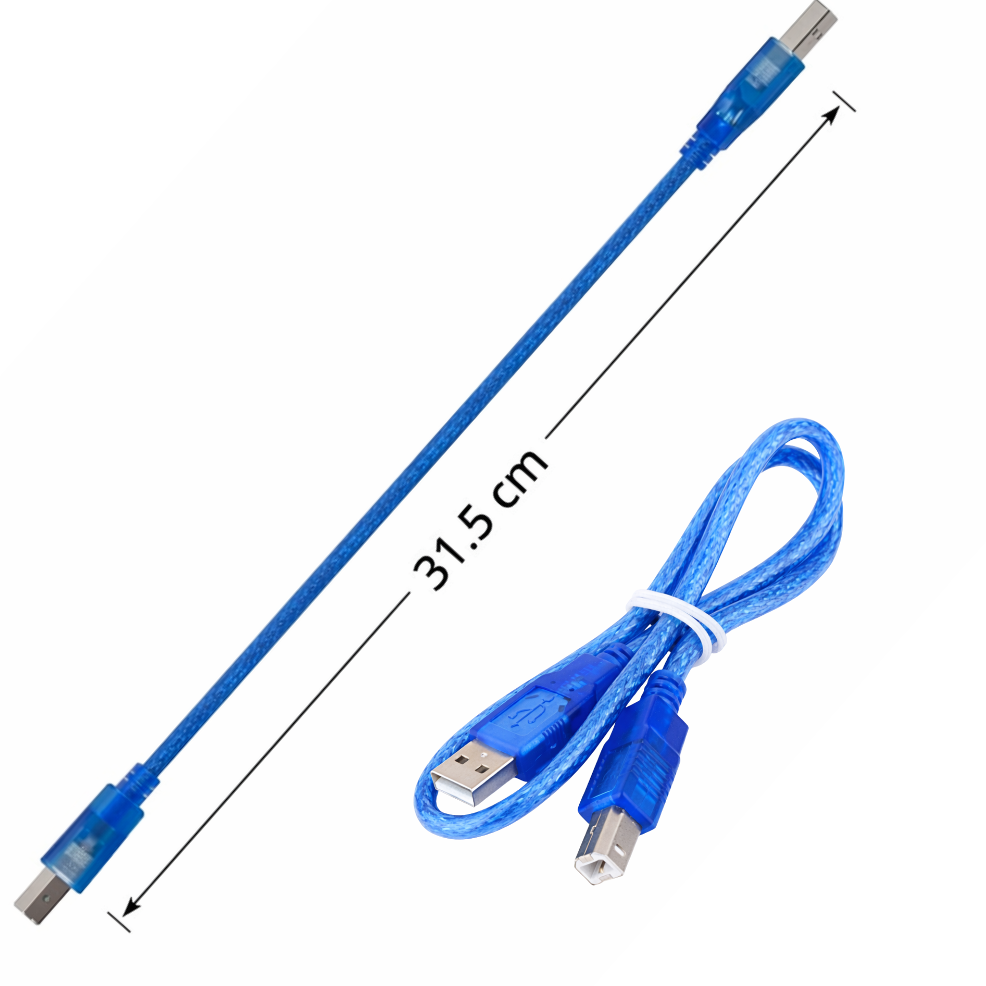 Blue USB cable with measurement label on a white background