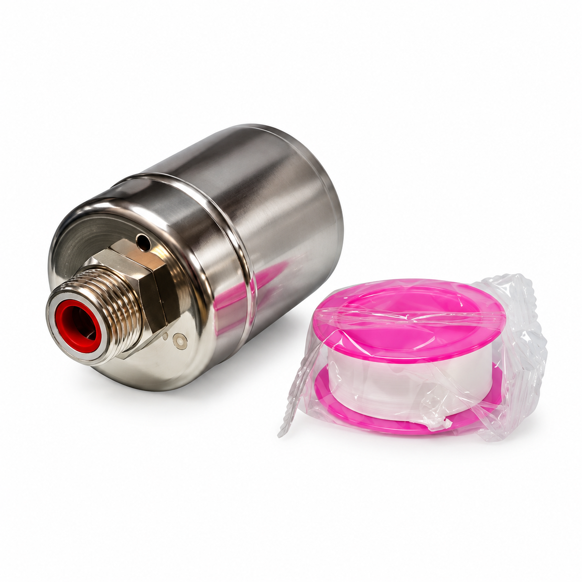 Stainless steel float valve shown with sealing tape