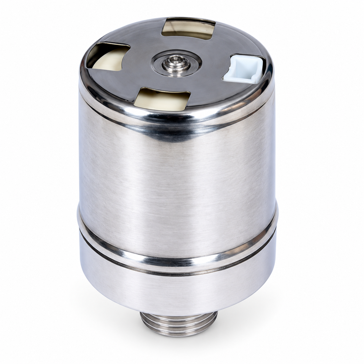 Stainless steel float valve reverse end view