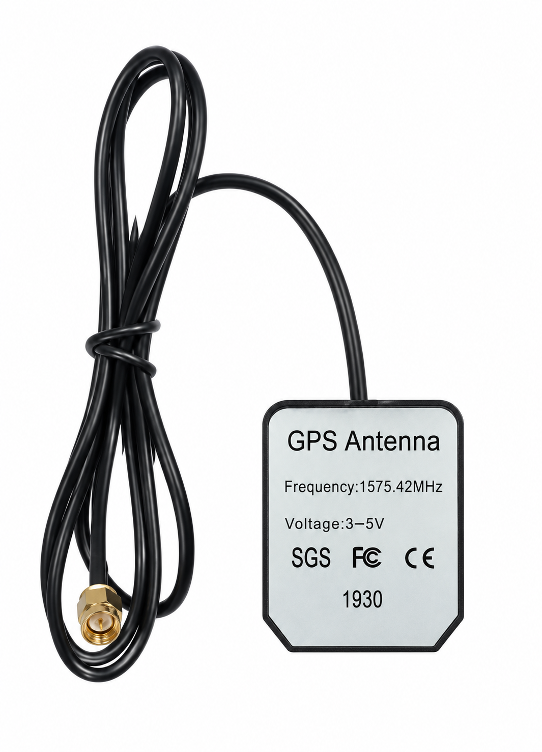 GPS antenna with 1 meter cable, rear label view on white background