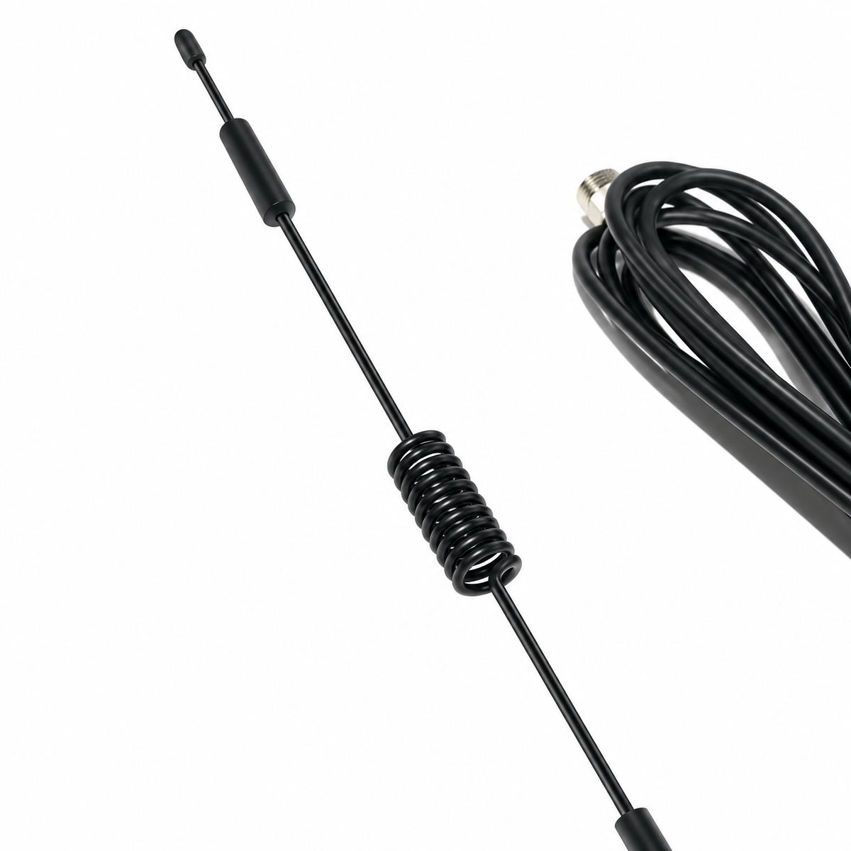 GSM 4G antenna with 1m wire, whip and coil detail on white background