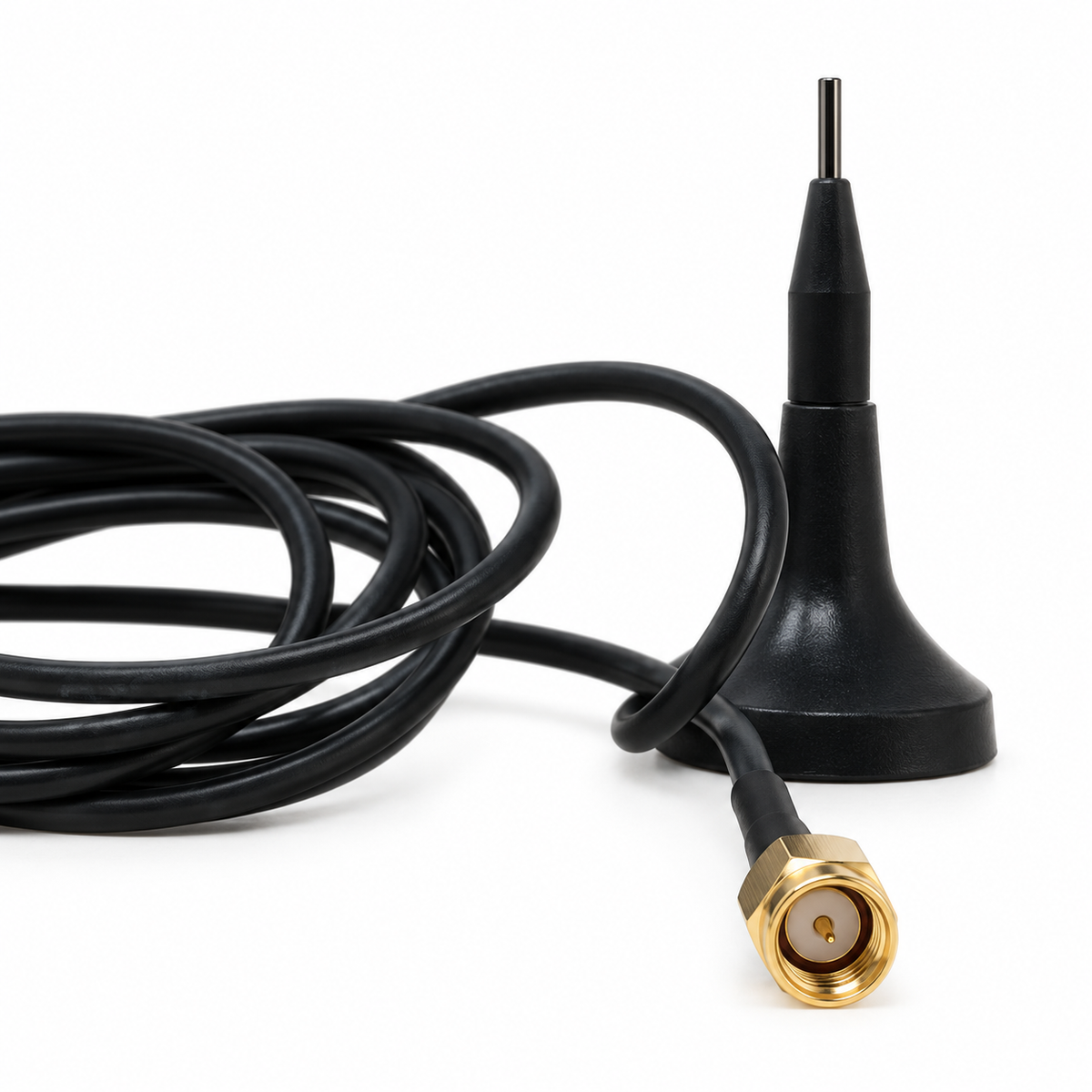 GSM 4G antenna with 1m wire, base and connector detail on white background