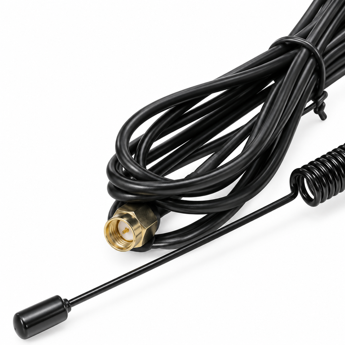 GSM 4G antenna with 1m wire, cable and connector detail on white background