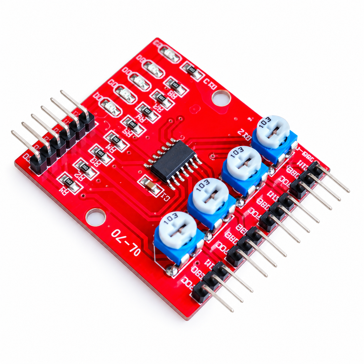IR Sensor Array 4 Way controller board close-up with four blue adjustment potentiometers