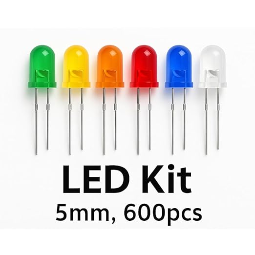 600 pcs LED Kit 5mm – 6 Assorted Colors (Red, Green, Blue, Yellow, White, Orange) – Light Emitting Diodes for Arduino, DIY, STEM, Raspberry Pi Projects