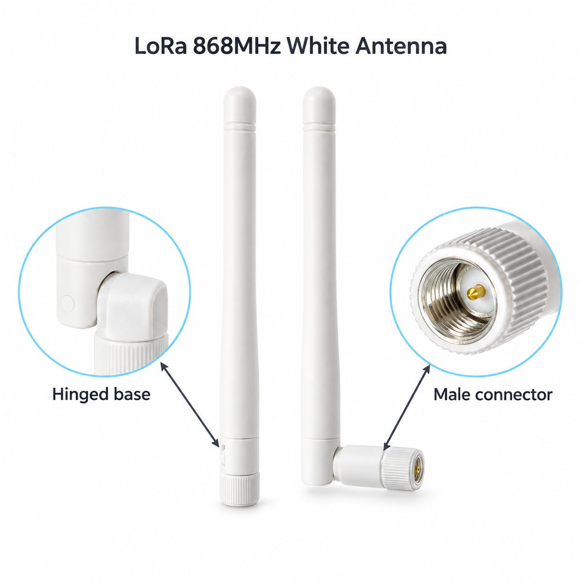 LoRa 868MHz white male antenna — hinge and male connector detail overview