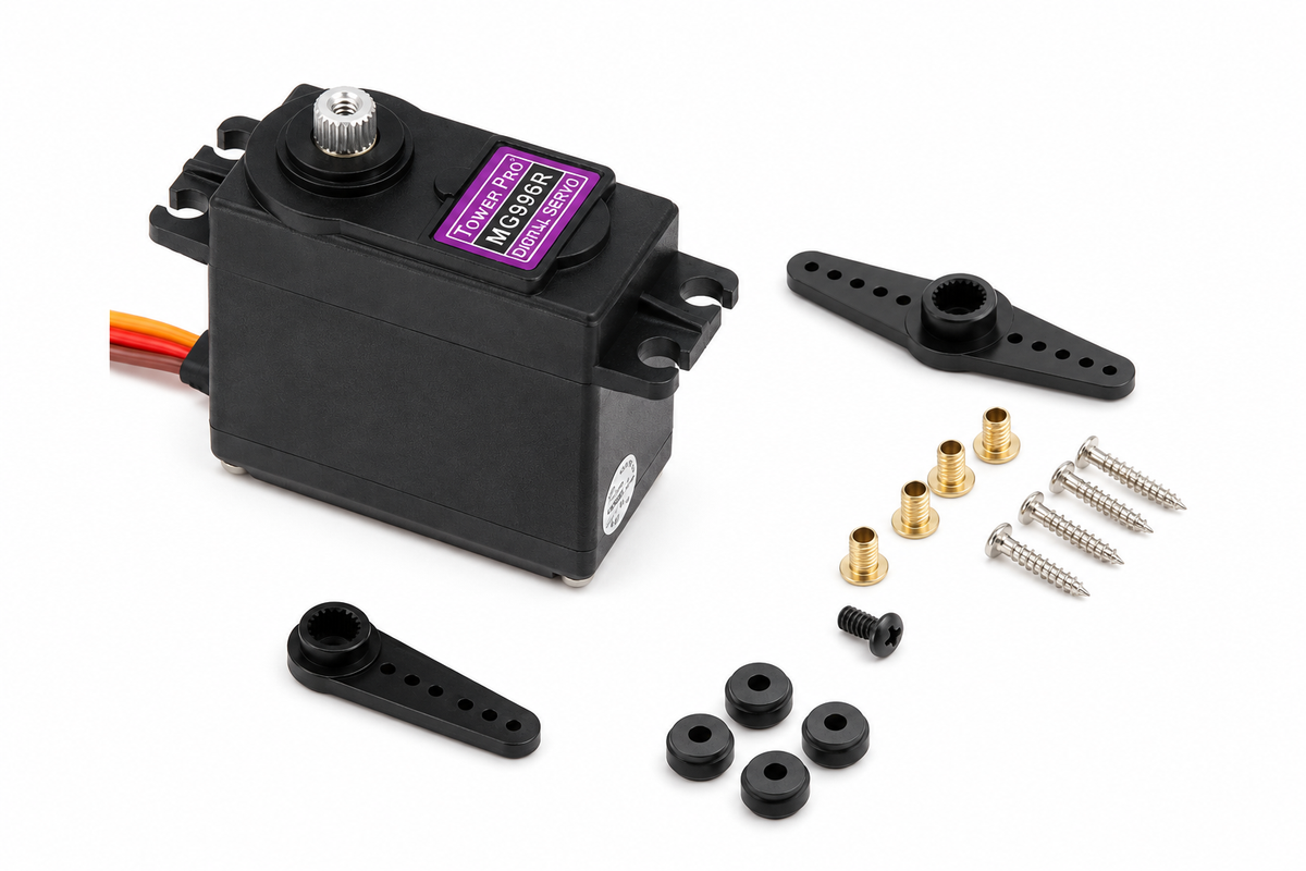 MG996 servo motor with two horns and mounting accessories on white background