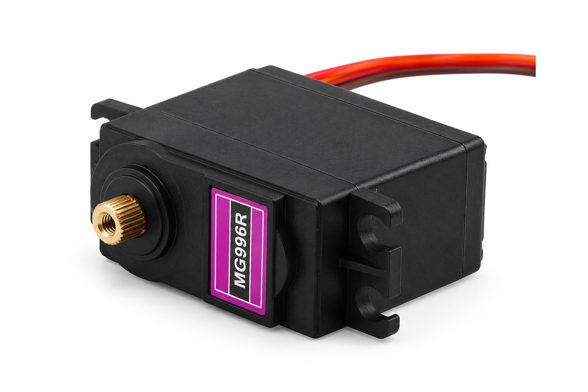 MG996R servo motor standalone three-quarter view on white background